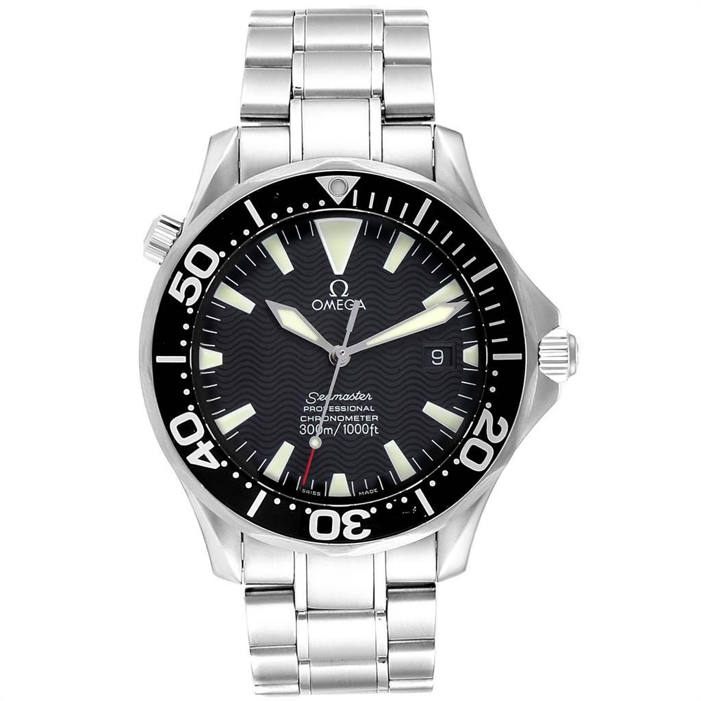 Omega Seamaster 41mm Black Wave Dial Steel Mens Watch 2254.50.00. Automatic self-winding movement. Stainless steel round case 41.0 mm in diameter. Black unidirectional rotating bezel. Scratch resistant sapphire crystal. Black wave decor dial with