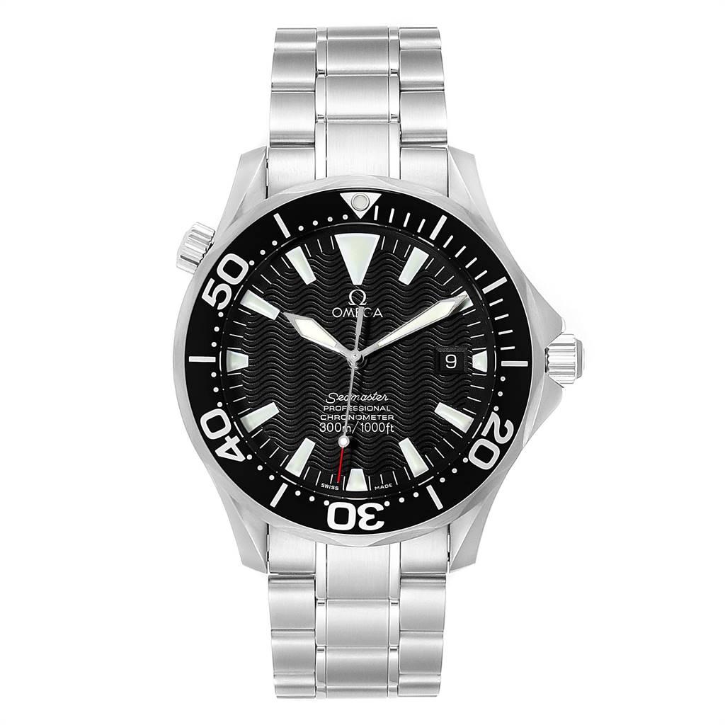 Omega Seamaster 41mm Black Wave Dial Steel Mens Watch 2254.50.00. Automatic self-winding movement. Stainless steel round case 41.0 mm in diameter. Black unidirectional rotating bezel. Scratch resistant sapphire crystal. Black wave decor dial with