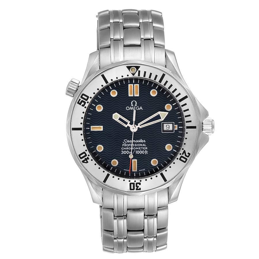 Omega Seamaster 41mm James Bond Blue Dial Steel Watch 2532.80.00 Card. Authomatic self-winding movement. Stainless steel case 41 mm in diameter. Omega logo on a crown. Unidirectional rotating stainless steel bezel. Scratch resistant sapphire
