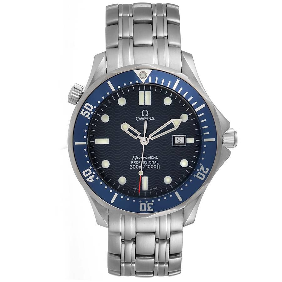 Omega Seamaster 41mm James Bond Blue Dial Steel Watch 2541.80.00 Card. Quartz movement. Stainless steel case 41 mm in diameter. Omega logo on a crown. Blue unidirectional rotating bezel. Scratch resistant sapphire crystal. Blue wave decor dial with