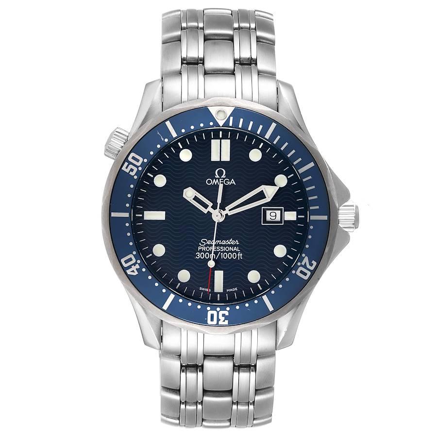 Omega Seamaster 41mm James Bond Blue Dial Steel Watch 2541.80.00 Card. Quartz movement. Stainless steel case 41 mm in diameter. Omega logo on the crown. Blue unidirectional rotating bezel. Scratch resistant sapphire crystal. Blue wave decor dial