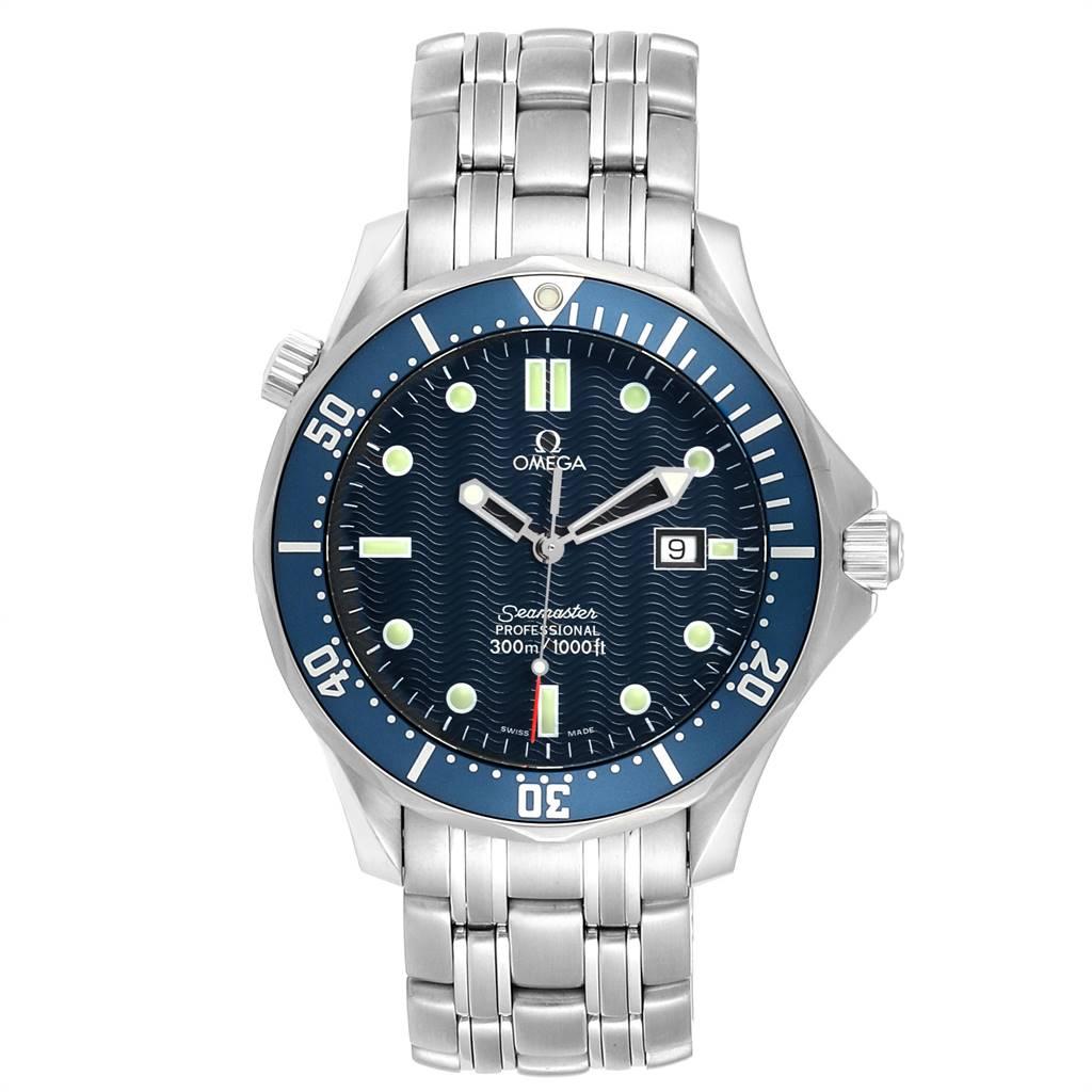 Omega Seamaster 41mm James Bond Blue Dial Steel Watch 2541.80.00. Quartz movement. Stainless steel case 41 mm in diameter. Omega logo on a crown. Blue unidirectional rotating bezel. Scratch resistant sapphire crystal. Blue wave decor dial with