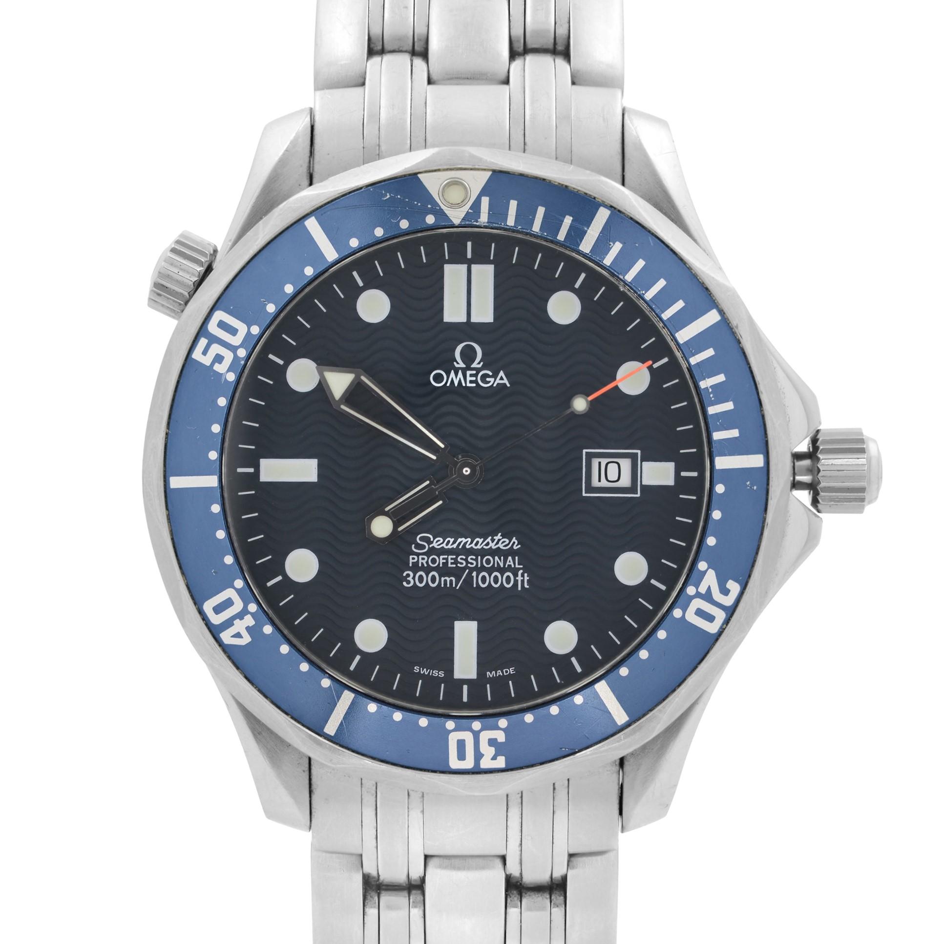 Pre-owned Omega Seamaster 41mm Stainless Steel Blue Wave Dial Quartz Men's Watch 2541.80.00. The Watch Bezel insert shows Significant Deep Scratches and Dents as Seen in the Pictures. No Original Box and Papers are Included. Comes with Chronostore