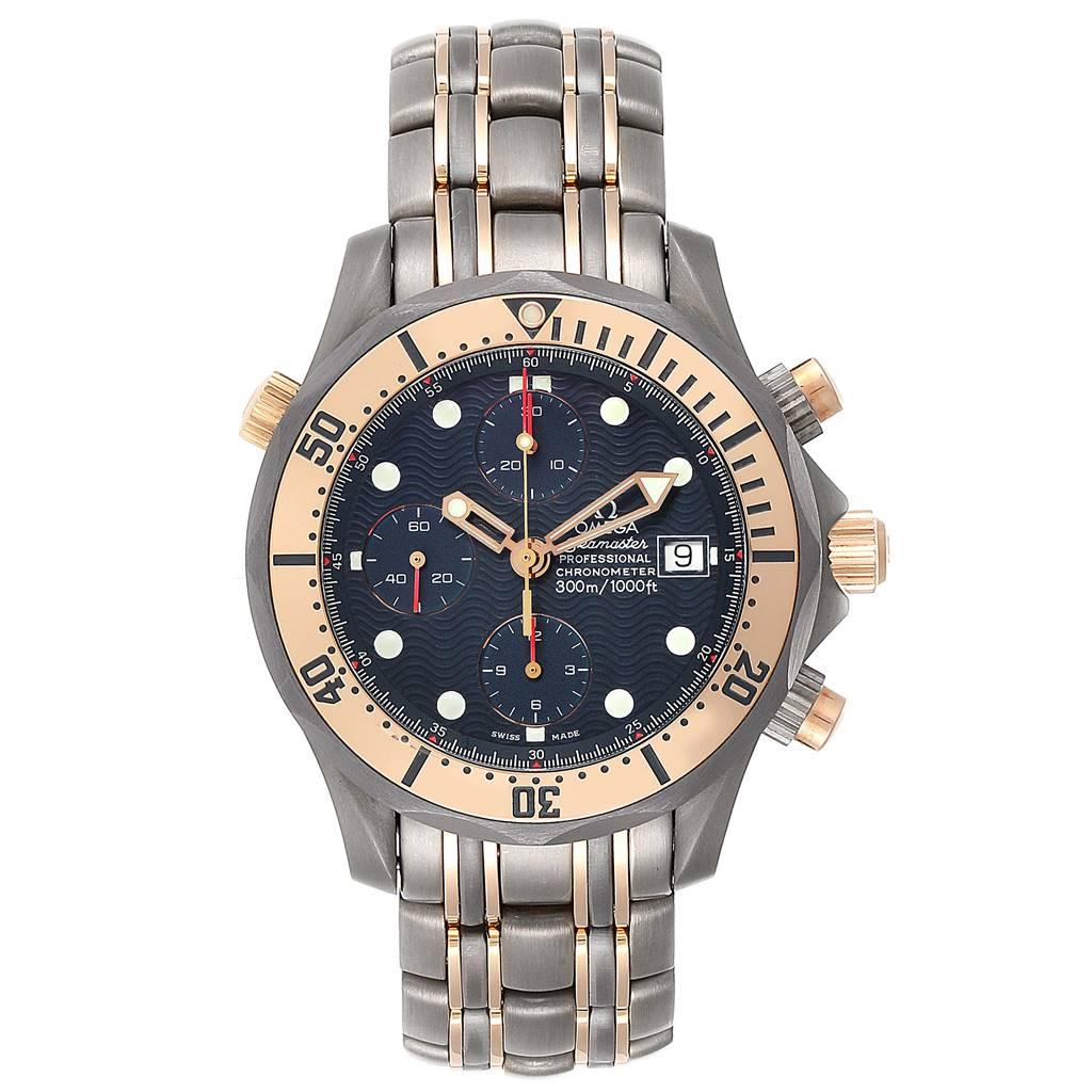 Omega Seamaster 41mm Titanium 18K Rose Gold Mens Watch 2296.80.00. Officially certified chronometer automatic self-winding movement. Titanium and 18K rose gold case 41.5 mm in diameter. Omega logo on a crown. Unidirectional rotating 18K rose gold