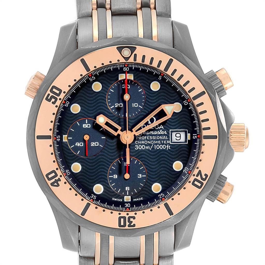 Omega Seamaster 41mm Titanium Rose Gold Mens Watch 2296.80.00 Box Card. Officially certified chronometer automatic self-winding movement. Titanium and 18K rose gold case 41.5 mm in diameter. Omega logo on a crown. Unidirectional rotating 18K rose