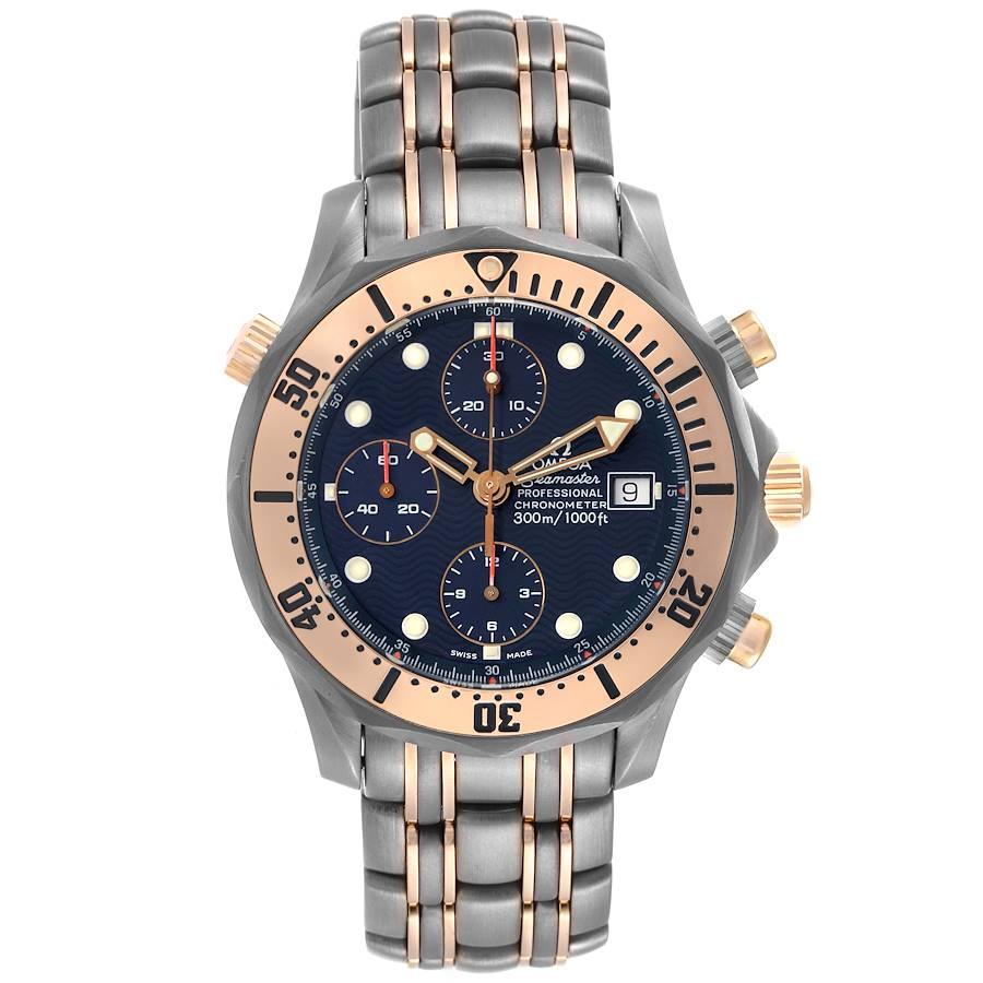 Omega Seamaster 41mm Titanium Rose Gold Mens Watch 2296.80.00. Officially certified chronometer automatic self-winding movement. Titanium and 18K rose gold case 41.5 mm in diameter. Omega logo on a crown. Unidirectional rotating 18K rose gold bezel.