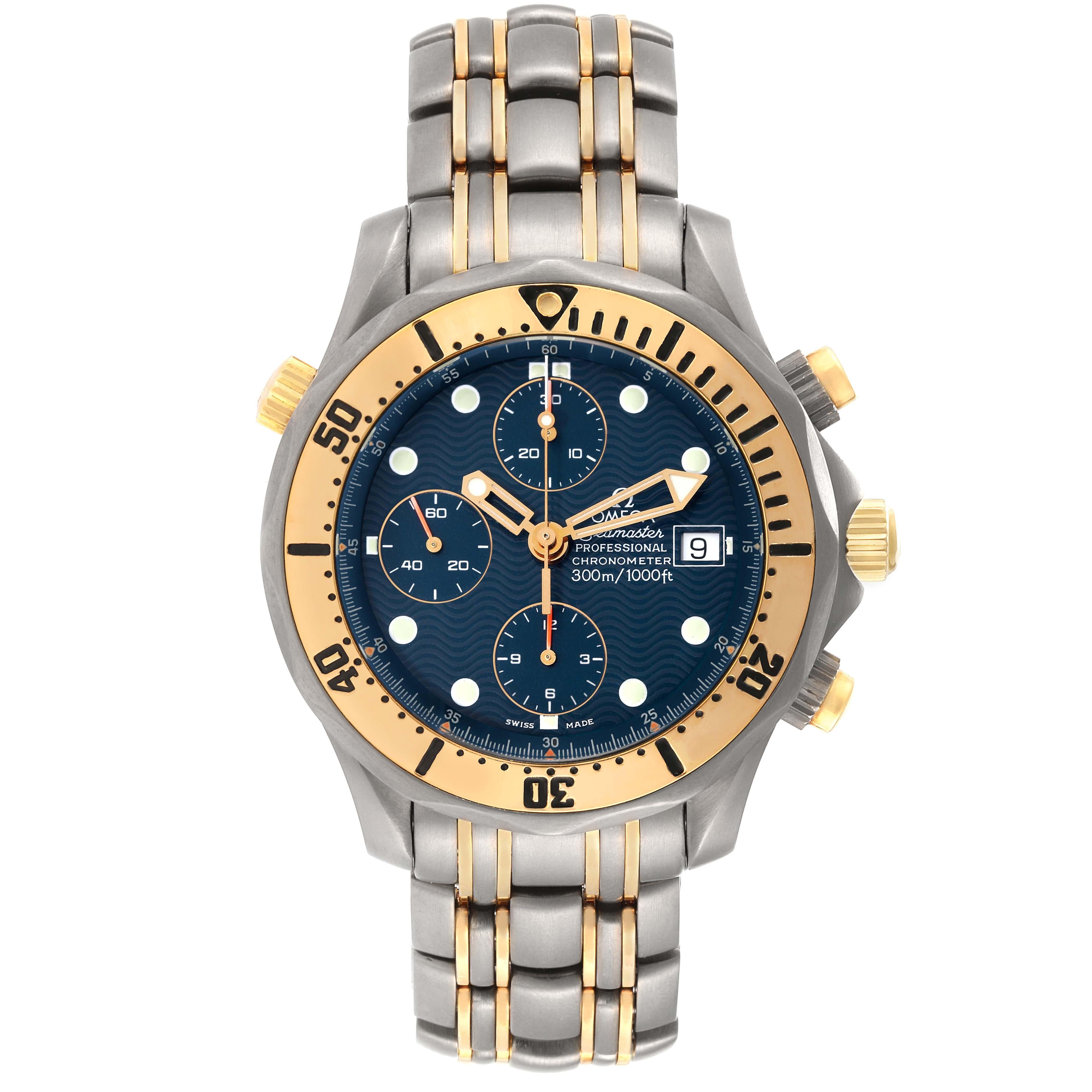 Omega Seamaster 41mm Titanium Yellow Gold Mens Watch 2297.80.00. Officially certified chronometer automatic self-winding movement. Titanium and 18K yellow gold case 41.5 mm in diameter. Omega logo on a crown. Unidirectional rotating titanium and 18K