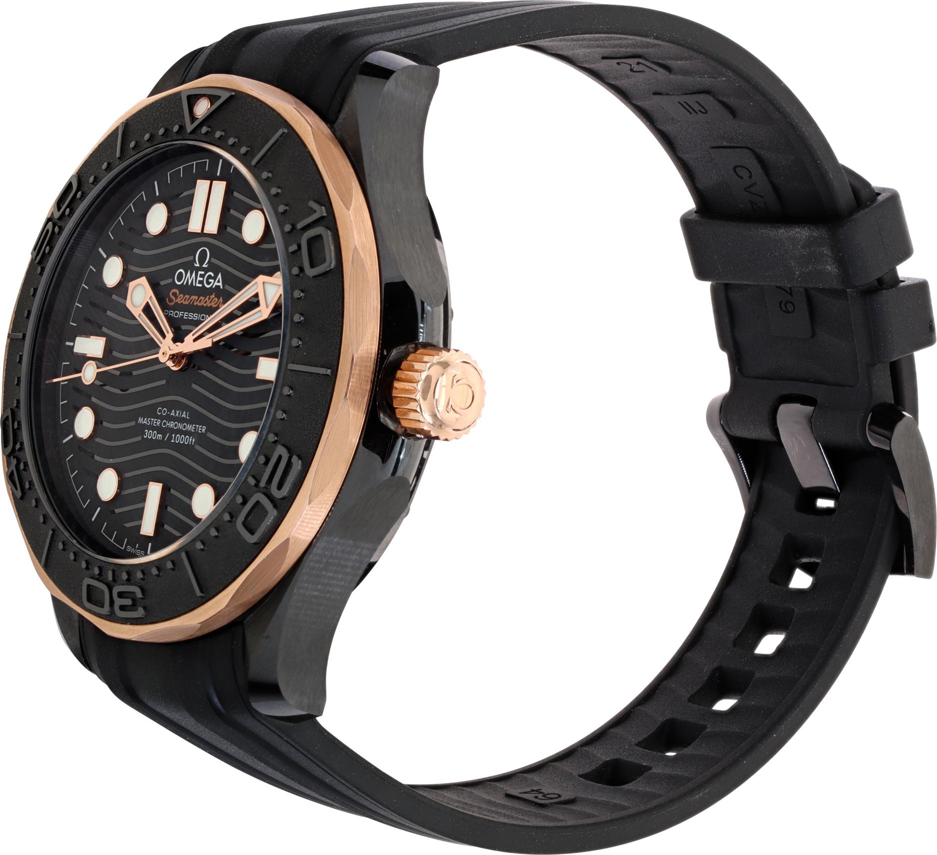 Omega Seamaster Diver 300 M black ceramic sedna gold, has a black ceramic dial with laser-ablated waves in positive relief. Auto w/ sweep seconds. 43.5 mm case size. With box and papers. Ref 21062442001001. Circa 2021 Fine Pre-owned Omega Watch.

