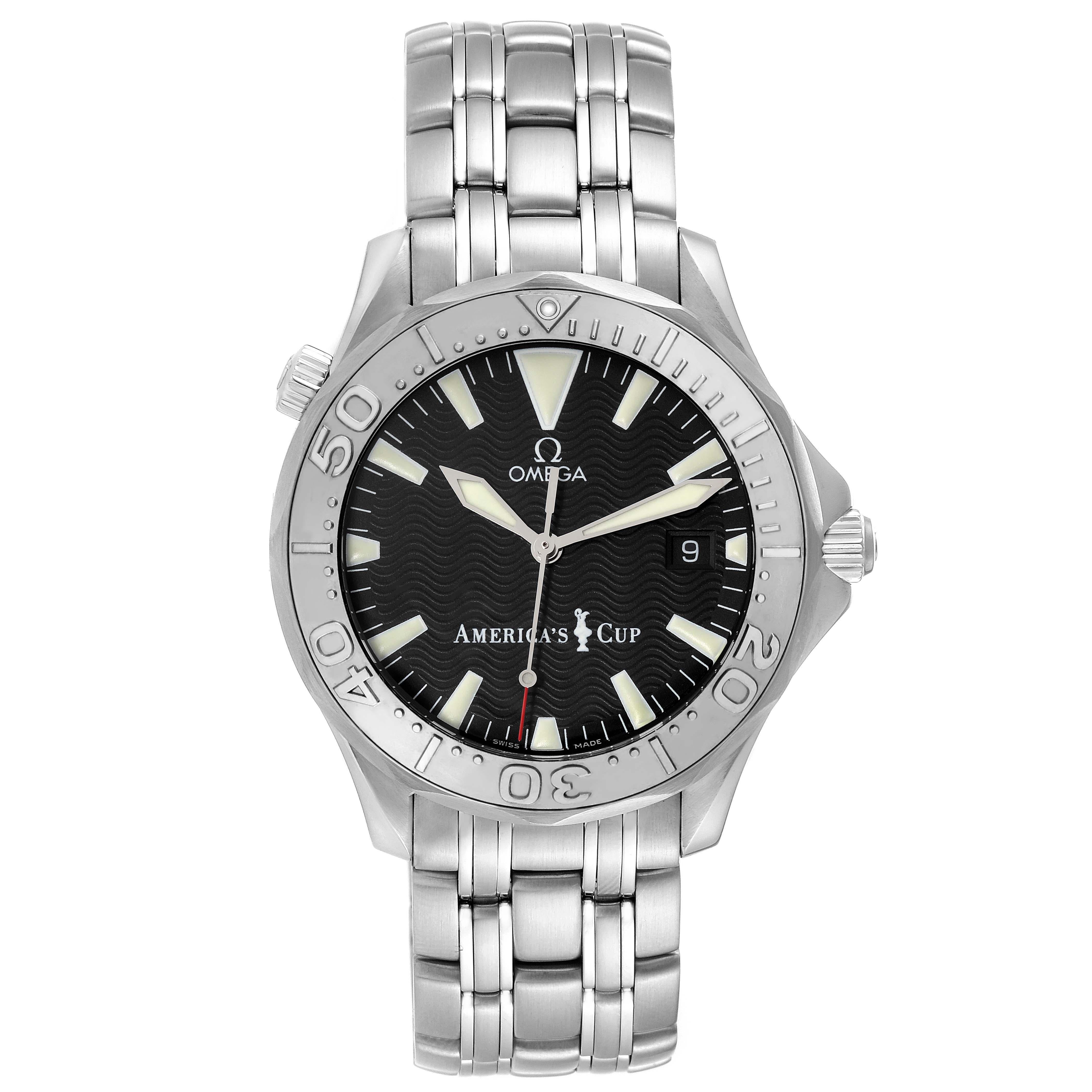 Omega Seamaster Americas Cup Limited Edition Steel Mens Watch 2533.50.00 Box Card. Automatic self-winding movement. Stainless Steel case 41.5 mm in diameter. Omega logo on a crown. 18K white gold unidirectional rotating bezel. Scratch resistant