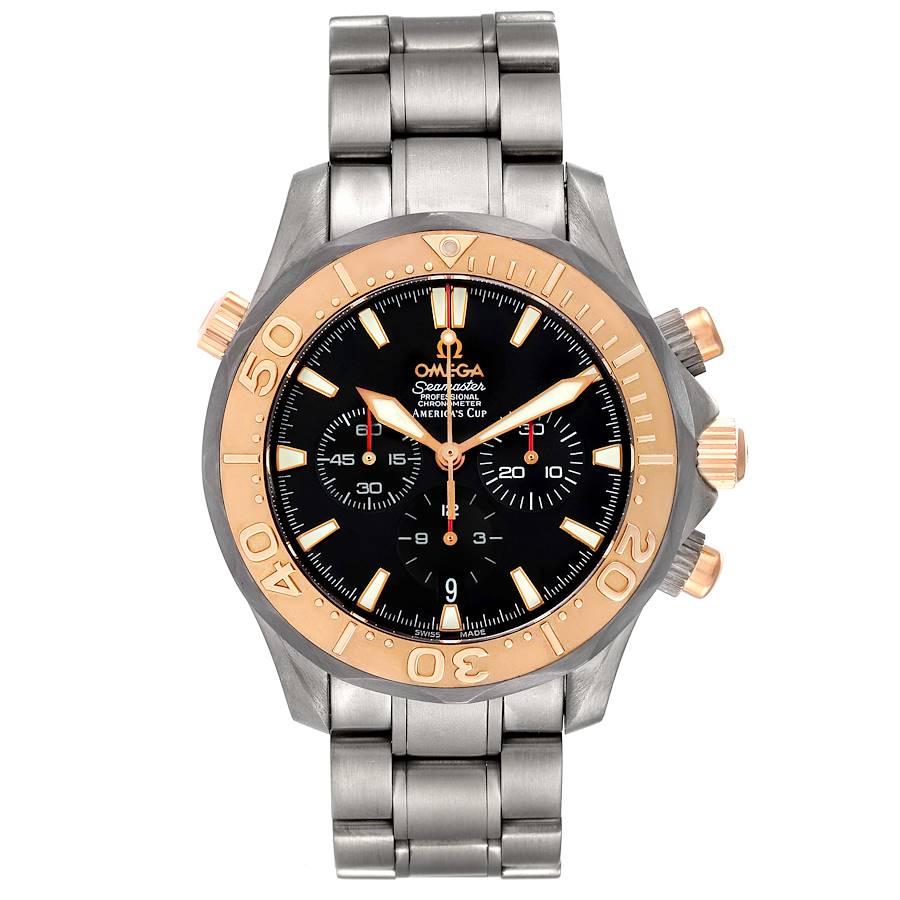 Omega Seamaster Americas Cup Titanium Rose Gold Mens Watch 2294.50.00 Card. Officially certified chronometer automatic self-winding chronograph movement. Titanium and 18K rose gold case 41.5 mm in diameter. Omega logo on a crown. Unidirectional