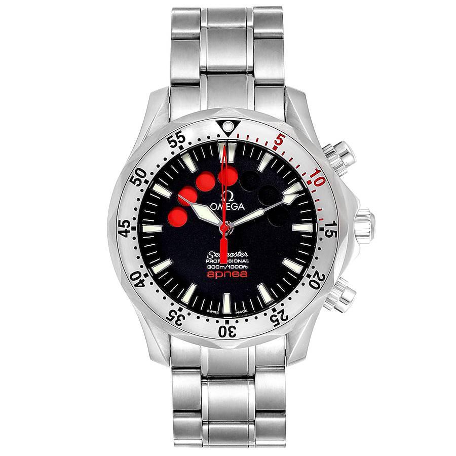 Omega Seamaster Apnea Jacques Mayol Black Dial Mens Watch 2595.50.00 Card. Automatic self-winding movement. Stainless steel case 42.0 mm in diameter. Omega logo on a crown. 'Jacques Mayol' engraved on case back. Unidirectional rotating stainless