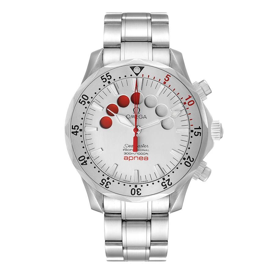 Omega Seamaster Apnea Jacques Mayol Silver Dial Mens Watch 2595.30.00 Box Card. Automatic self-winding movement. Stainless steel case 42.0 mm in diameter. Omega logo on a crown. 'Jacques Mayol' engraved on case back. Unidirectional rotating
