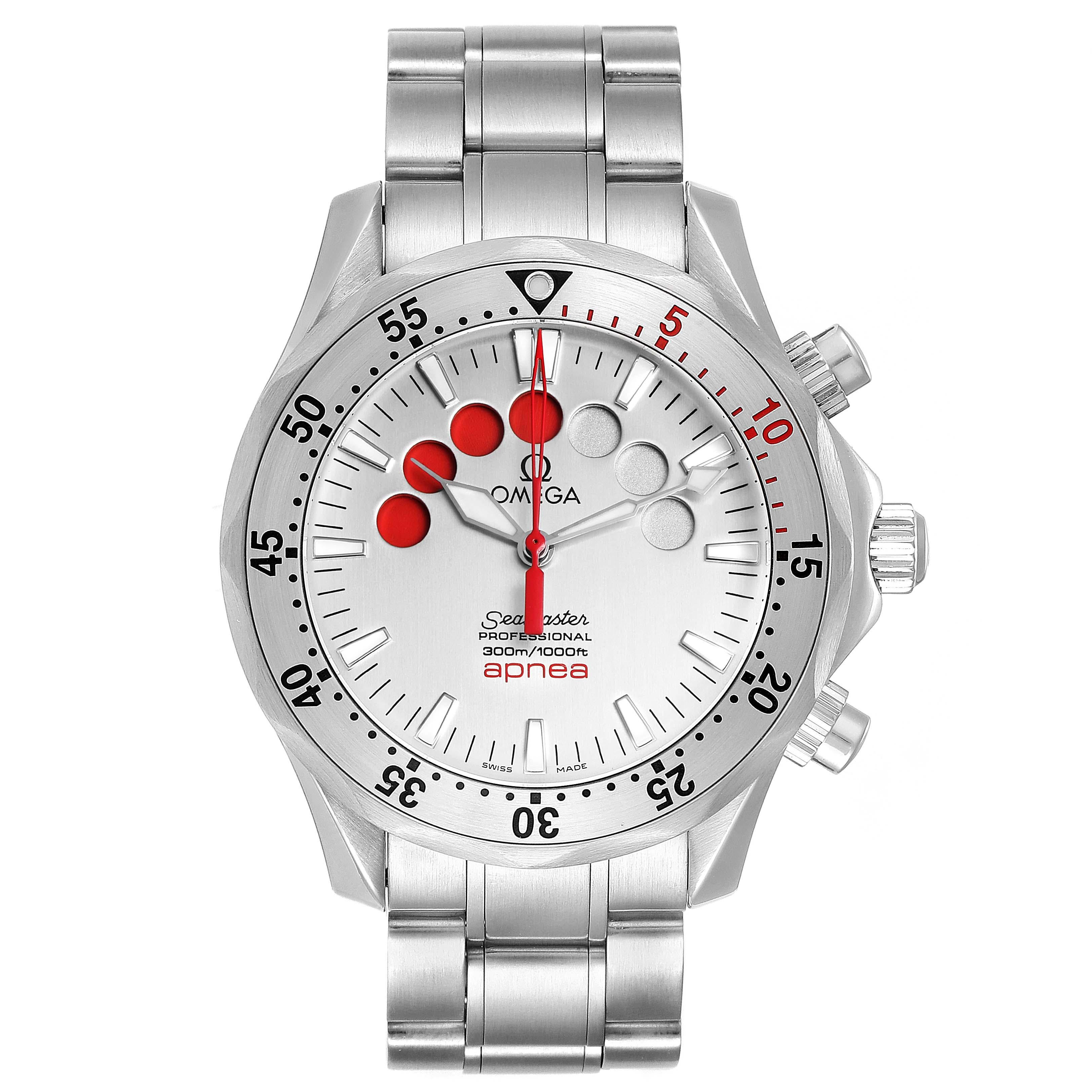 Omega Seamaster Apnea Jacques Mayol Silver Dial Mens Watch 2595.30.00. Automatic self-winding movement. Stainless steel case 42.00 mm in diameter. Omega logo on a crown. 'Jacques Mayol' engraved on case back. Unidirectional rotating stainless steel