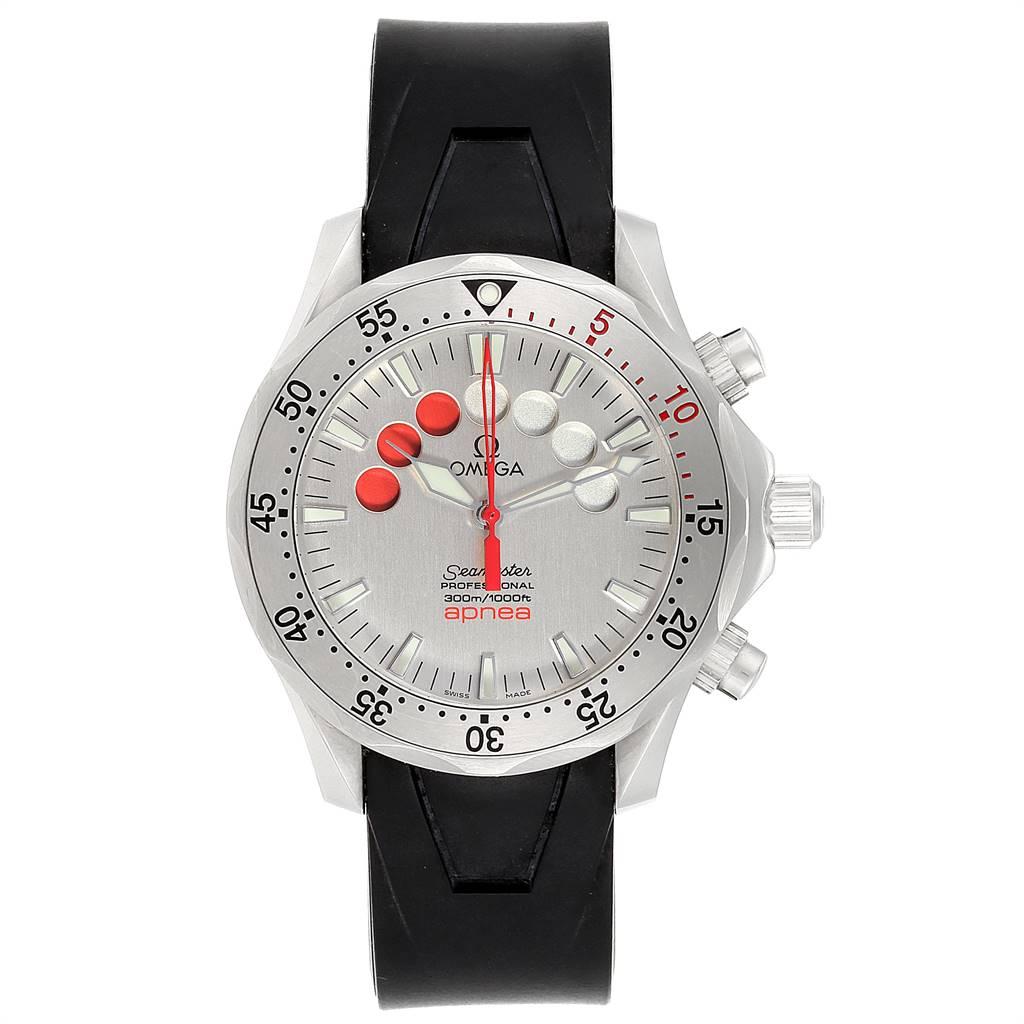 Omega Seamaster Apnea Jacques Mayol Silver Dial Mens Watch 2595.30.00. Automatic self-winding movement. Stainless steel case 42.00 mm in diameter. Omega logo on a crown. 'Jacques Mayol' engraved on case back. Unidirectional rotating stainless steel