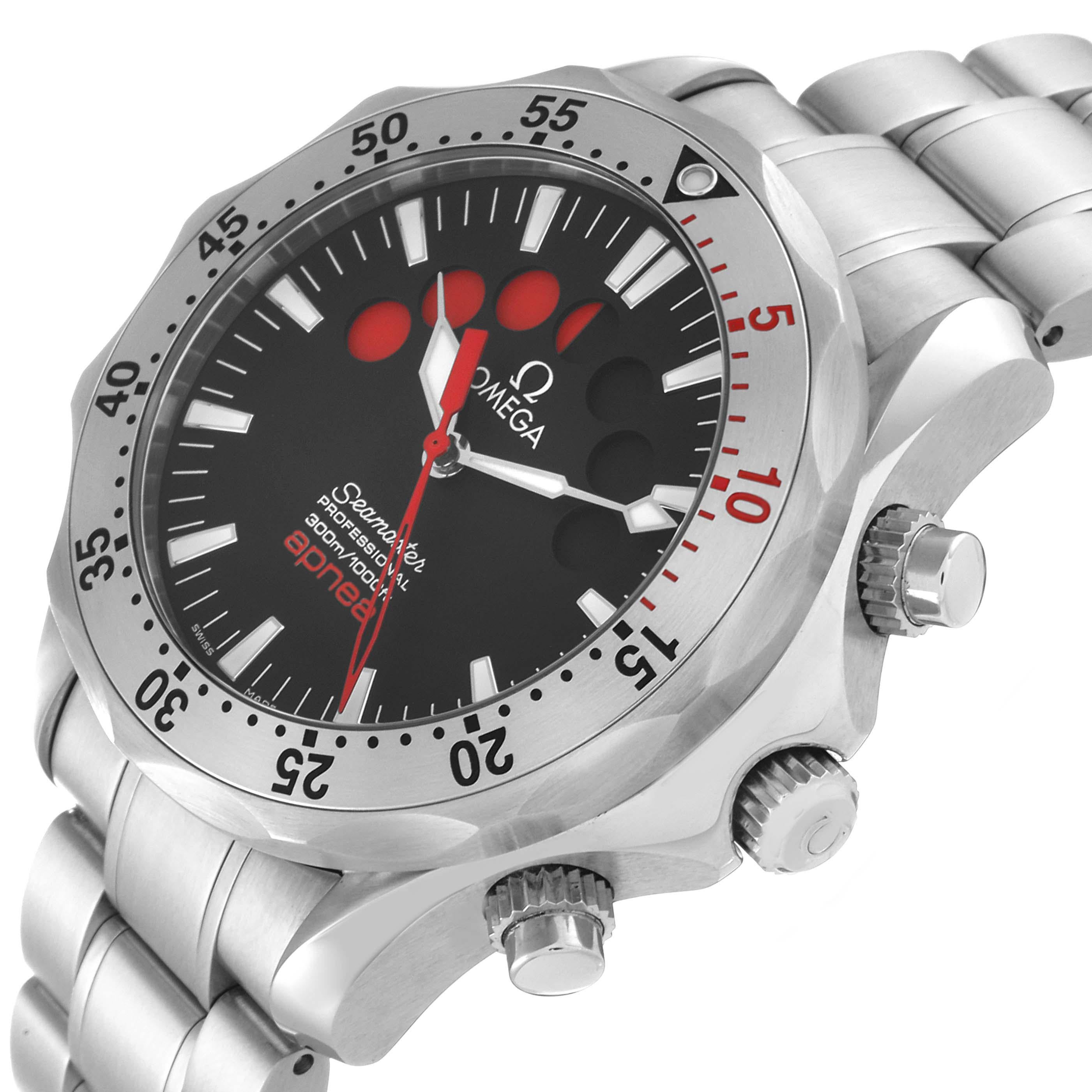 Omega Seamaster Apnea Jacques Mayol Steel Mens Watch 2595.50.00 Box Card. Automatic self-winding movement. Stainless steel case 42.0 mm in diameter. Omega logo on a crown. 'Jacques Mayol' engraved on case back. Unidirectional rotating stainless