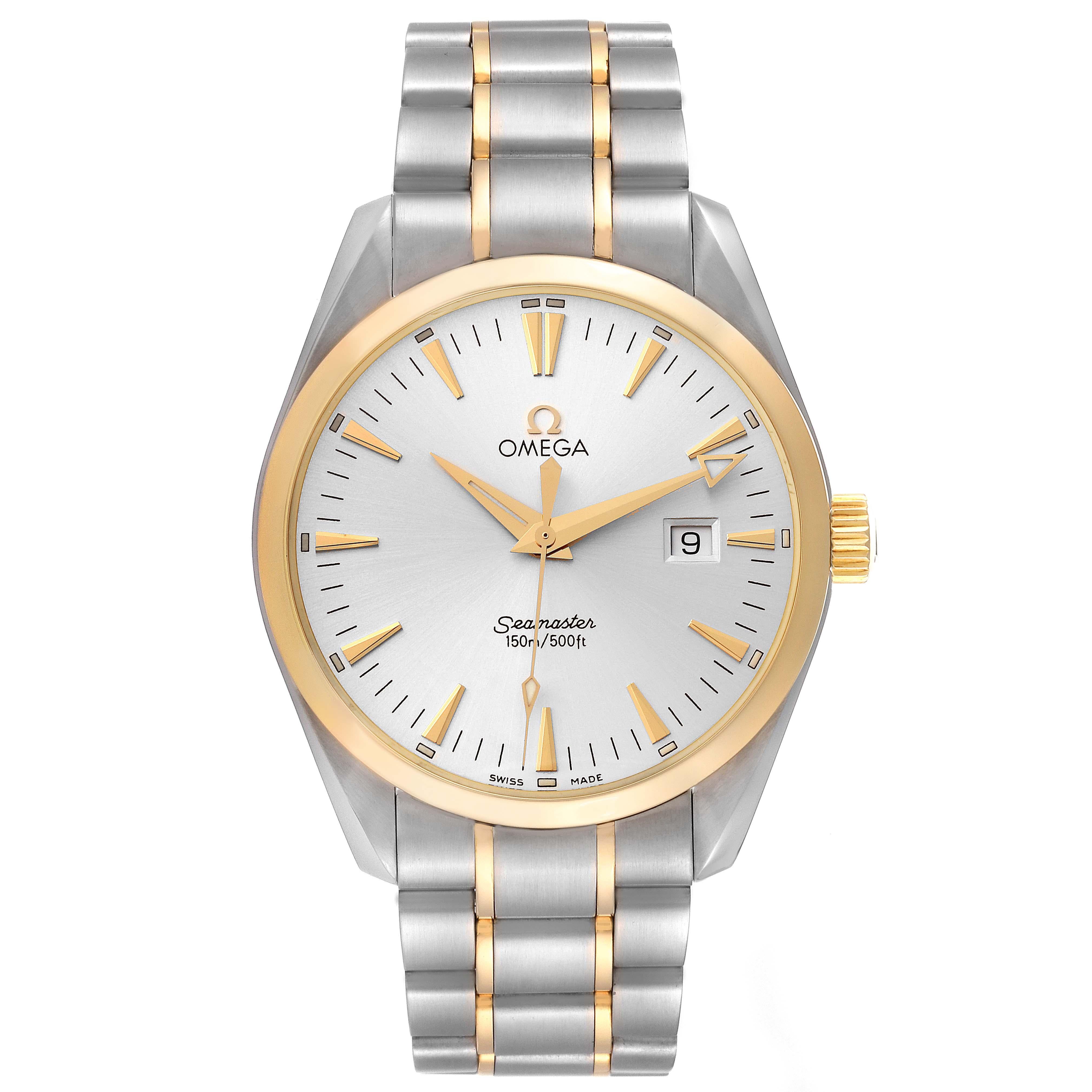 Omega Seamaster Aqua Terra 150M Steel Yellow Gold Mens Watch 2317.30.00. Quartz precision movement with rhodium-plated finish. Caliber 1538. Stainless steel and yellow gold round case 39.2 mm in diameter. 18k yellow gold smooth bezel. Scratch
