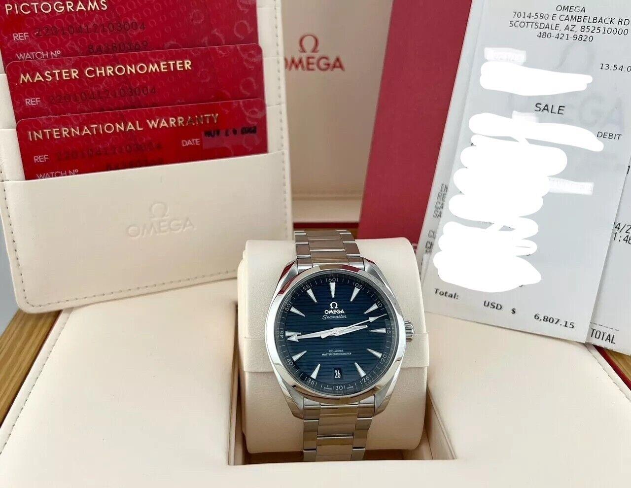 Style Number: 220.10.41.21.03.004

Year: 2023

Model: OMEGA Seamaster Aqua Terra

Case Material: Stainless Steel 

Band: Stainless Steel 

Bezel: Stainless Steel 

Dial: Blue 

Face: Sapphire Crystal 

Case Size: 41mm

Includes:

-Omega Box &