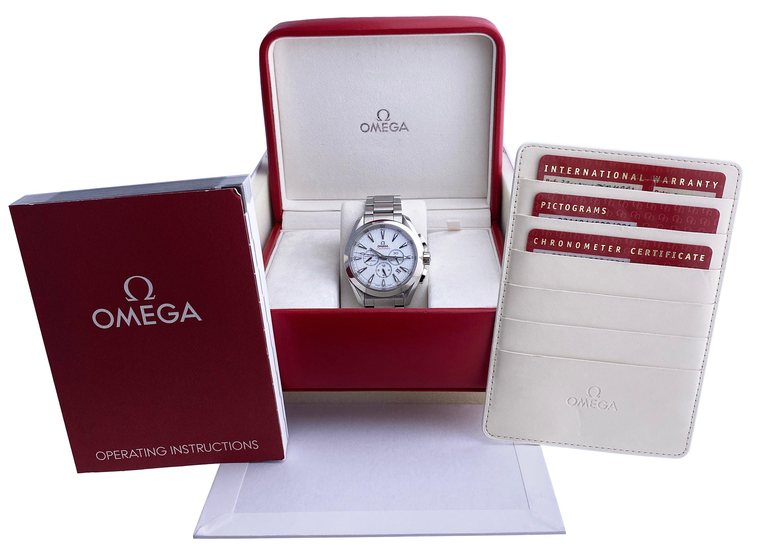 Omega Seamaster Aqua Terra 231.10.44.50.04.001  Mens Watch. 44 mm stainless steel case. Stainless steel fixed bezel. White dial with luminous steel hands and index hour markers. Date display between 4 and 5 o'clock position. Three chronograph