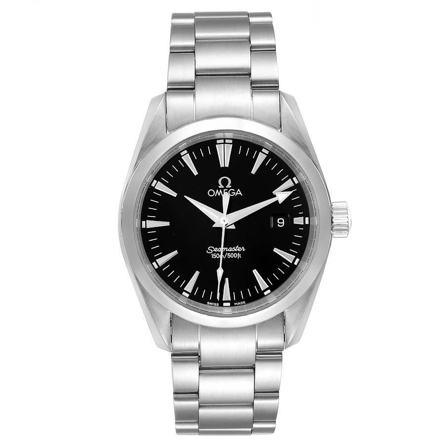 Omega Seamaster Aqua Terra 36 Black Dial Steel Mens Watch 2518.50.00. Quartz movement. Stainless steel round case 36.2 mm in diameter. Stainless steel smooth bezel. Scratch resistant sapphire crystal. Black dial with raised index hour markers. Date