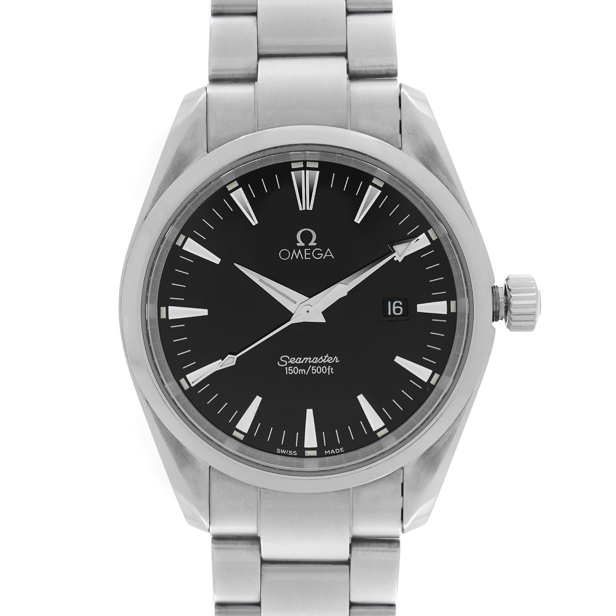 Pre-owned Omega Seamaster Aqua Terra Stainless Steel Black Dial Quartz Mens Watch 2517.50. This Beautiful Timepiece is Powered by Quartz (Battery) Movement And Features: Round Stainless Steel Case with a Stainless Steel Bracelet, Fixed Stainless