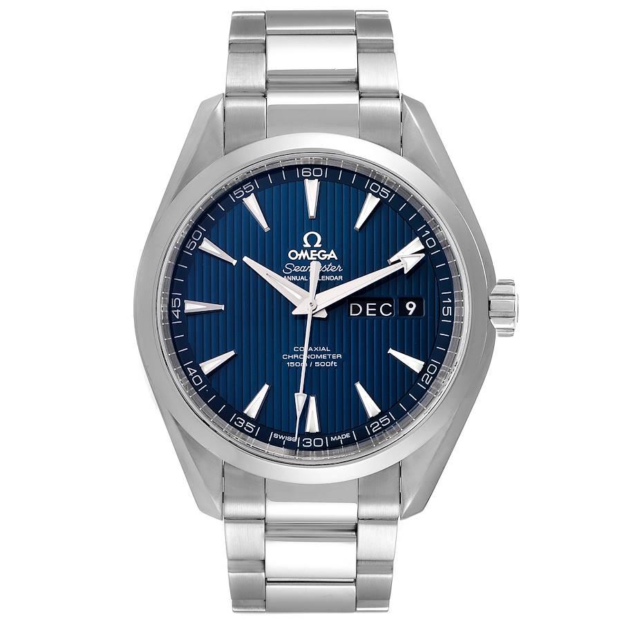 Omega Seamaster Aqua Terra Annual Calendar Watch 231.10.43.22.03.002 Box Card. Automatic self-winding movement. Stainless steel round case 43.0 mm in diameter. Transparent exhibition sapphire crystal case back. Stainless steel smooth bezel. Scratch