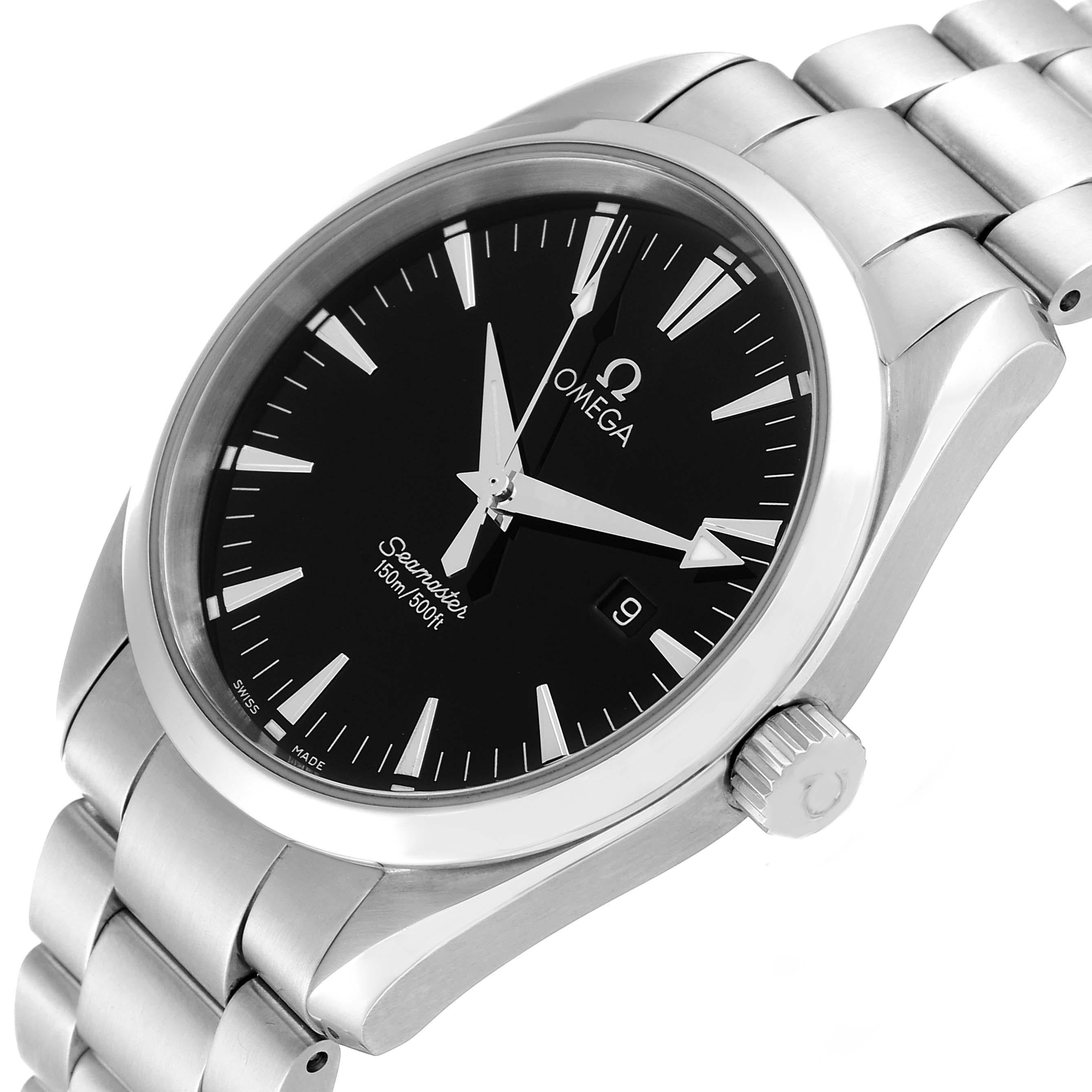 Omega Seamaster Aqua Terra Black Dial Steel Mens Watch 2517.50.00 Card. Quartz movement. Stainless steel round case 39.2 mm in diameter. Stainless steel smooth bezel. Scratch resistant sapphire crystal. Black dial with raised stainless steel index
