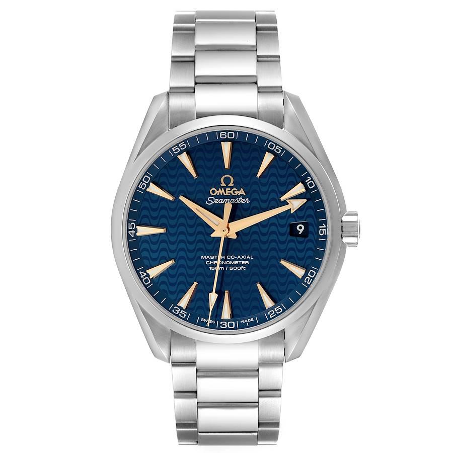Omega Seamaster Aqua Terra Blue Dial Mens Watch 231.10.42.21.03.006 Box Card. Automatic self-winding movement with Co-Axial escapement. Stainless steel round case 41.5 mm in diameter.  Transparent exhibition sapphire crystal case back. Stainless
