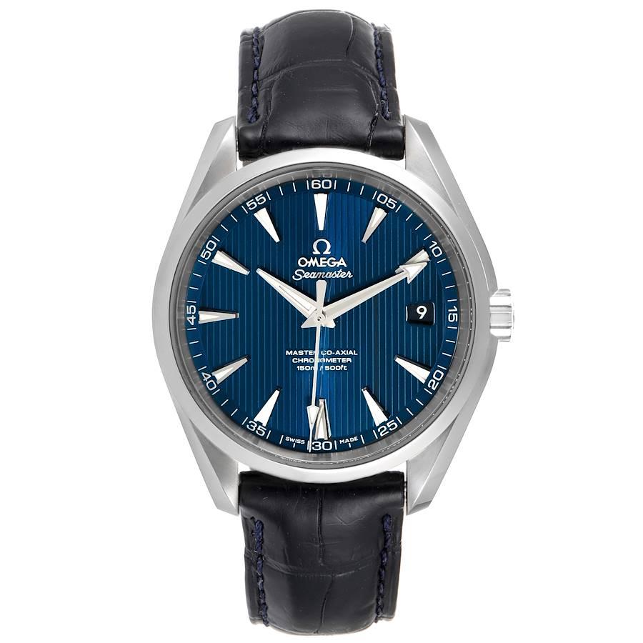 Omega Seamaster Aqua Terra Blue Dial Mens Watch 231.13.42.21.03.001 Box Card. Automatic self-winding movement. Stainless steel round case 41.5 mm in diameter. Transparent exhibition sapphire crystal case back. Stainless steel smooth bezel. Scratch