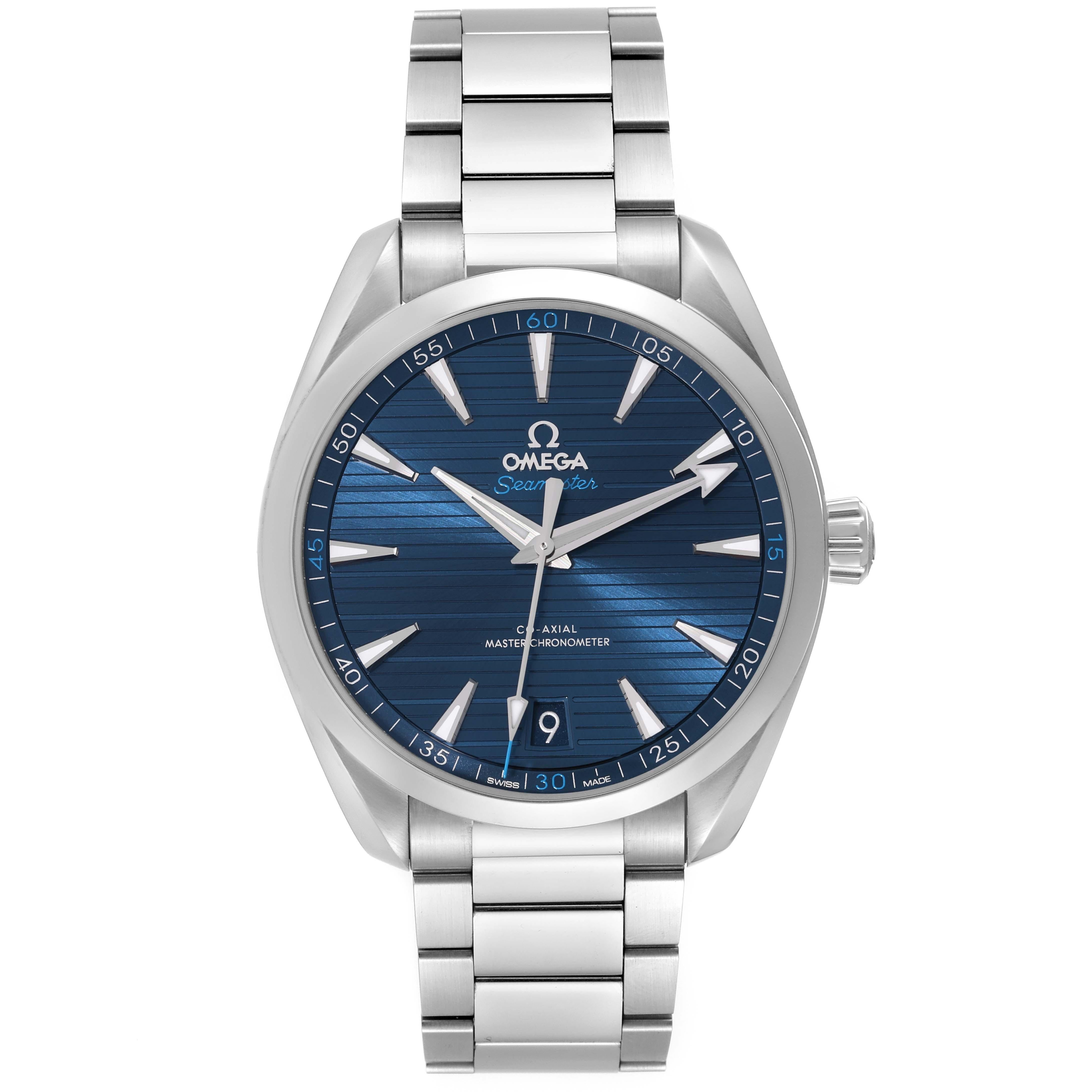Omega Seamaster Aqua Terra Blue Dial Steel Mens Watch 220.10.41.21.03.001 Card. Automatic self-winding movement. Stainless steel round case 41.0 mm in diameter. Case thickness 13.2. Transparent exhibition sapphire crystal caseback. Stainless steel