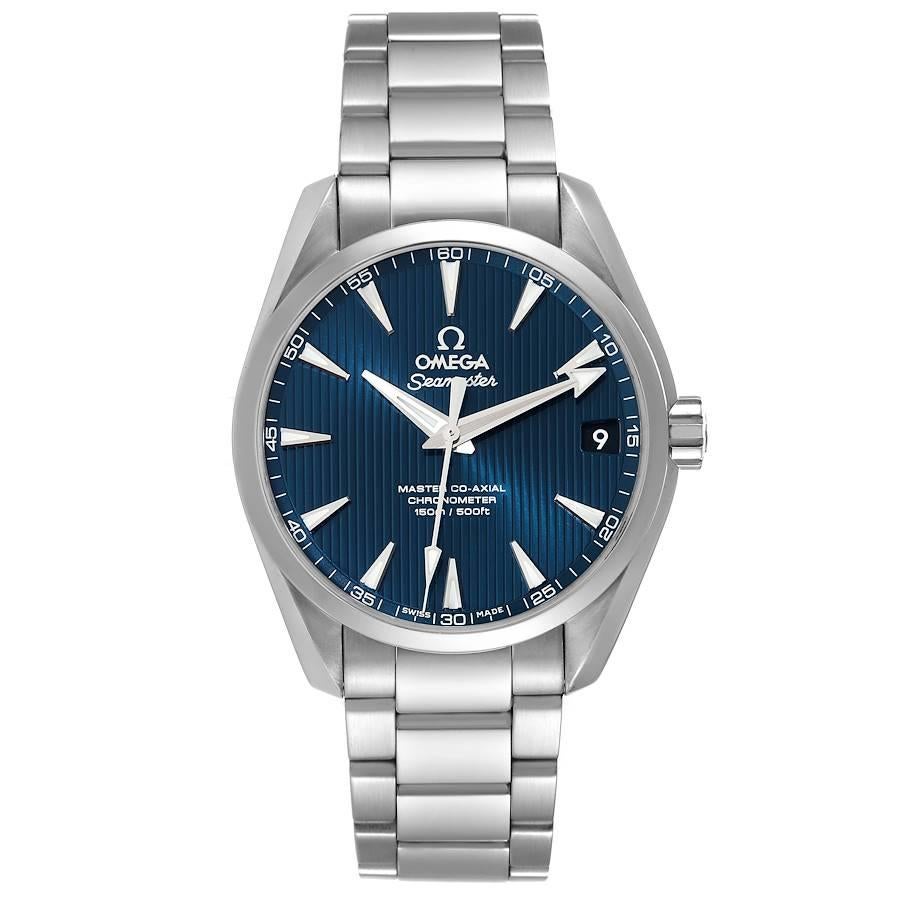 Omega Seamaster Aqua Terra Blue Dial Steel Watch 231.10.39.21.03.002 Box Card. Automatic self-winding movement. Stainless steel round case 38.5 mm in diameter. Transparent exhibition sapphire crystal case back. Stainless steel smooth bezel. Scratch