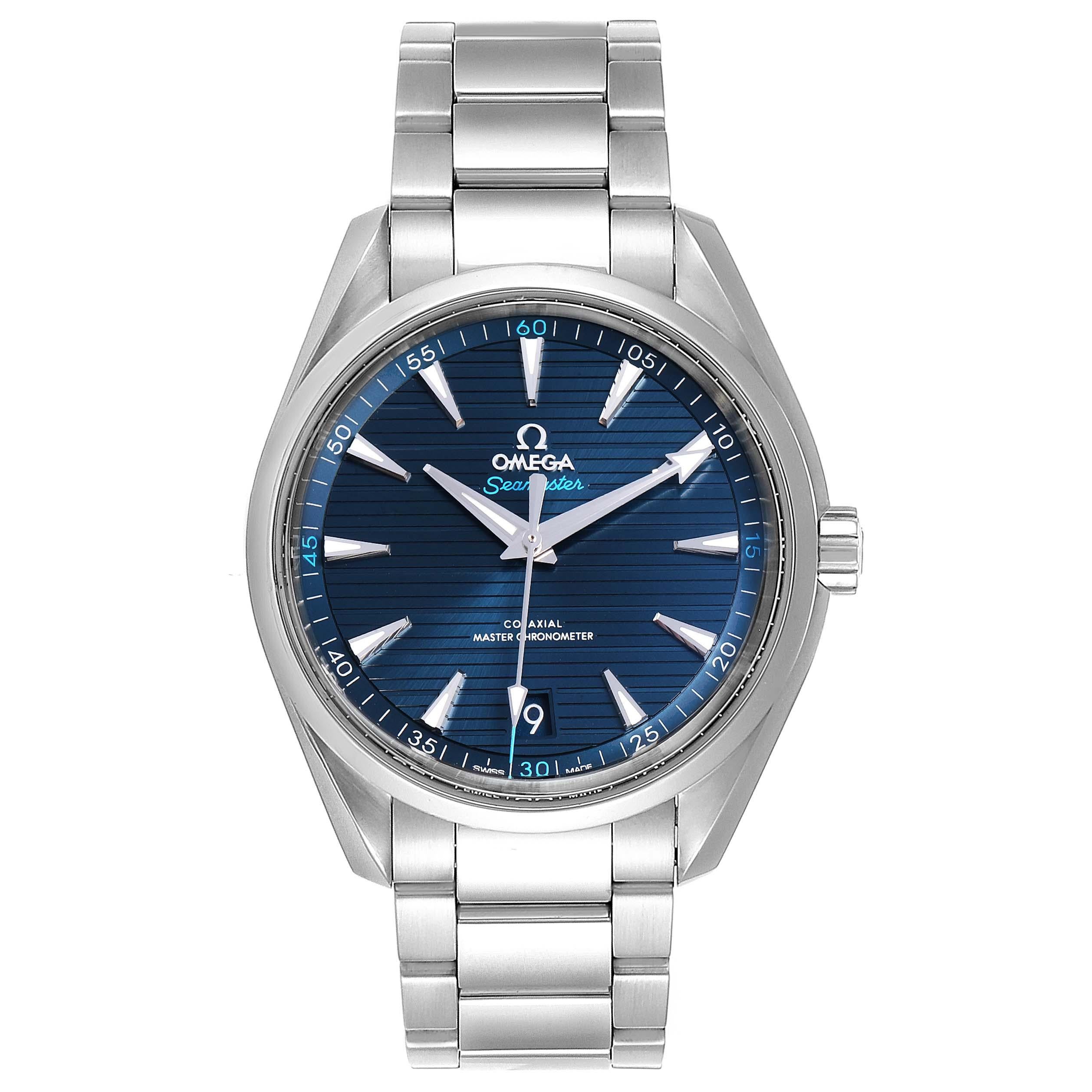 Omega Seamaster Aqua Terra Blue Dial Watch 220.10.41.21.03.001 Box Card. Automatic self-winding movement. Stainless steel round case 41.0 mm in diameter. Case thicknes 13.2. Transparent case back. Stainless steel bezel. Scratch resistant sapphire