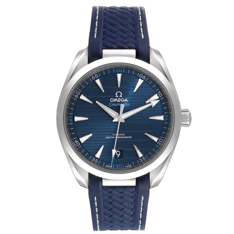 Omega Seamaster Aqua Terra Blue Dial Watch 220.12.41.21.03.001 Box Card. Automatic self-winding movement. Stainless steel round case 41.5 mm in diameter. Transparent exhibition sapphire crystal case back. Stainless steel smooth bezel. Scratch