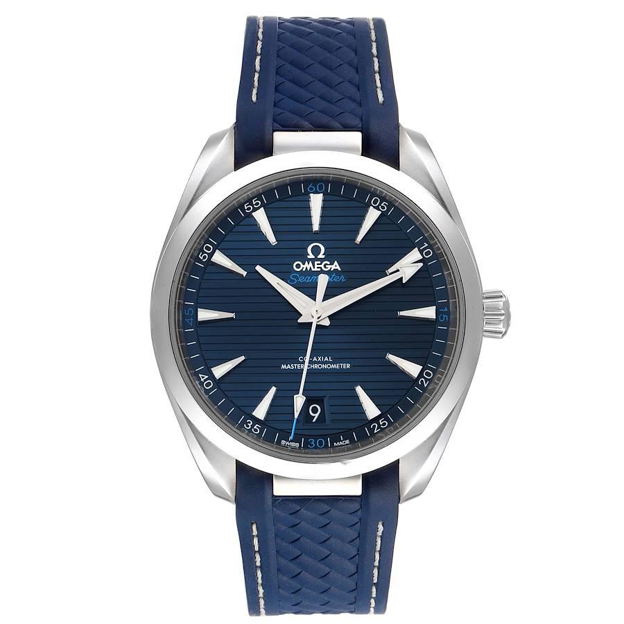 Omega Seamaster Aqua Terra Blue Dial Watch 220.12.41.21.03.001 Box Card. Automatic self-winding movement. Stainless steel round case 41.5 mm in diameter. Transparent exhibition sapphire crystal case back. Stainless steel smooth bezel. Scratch