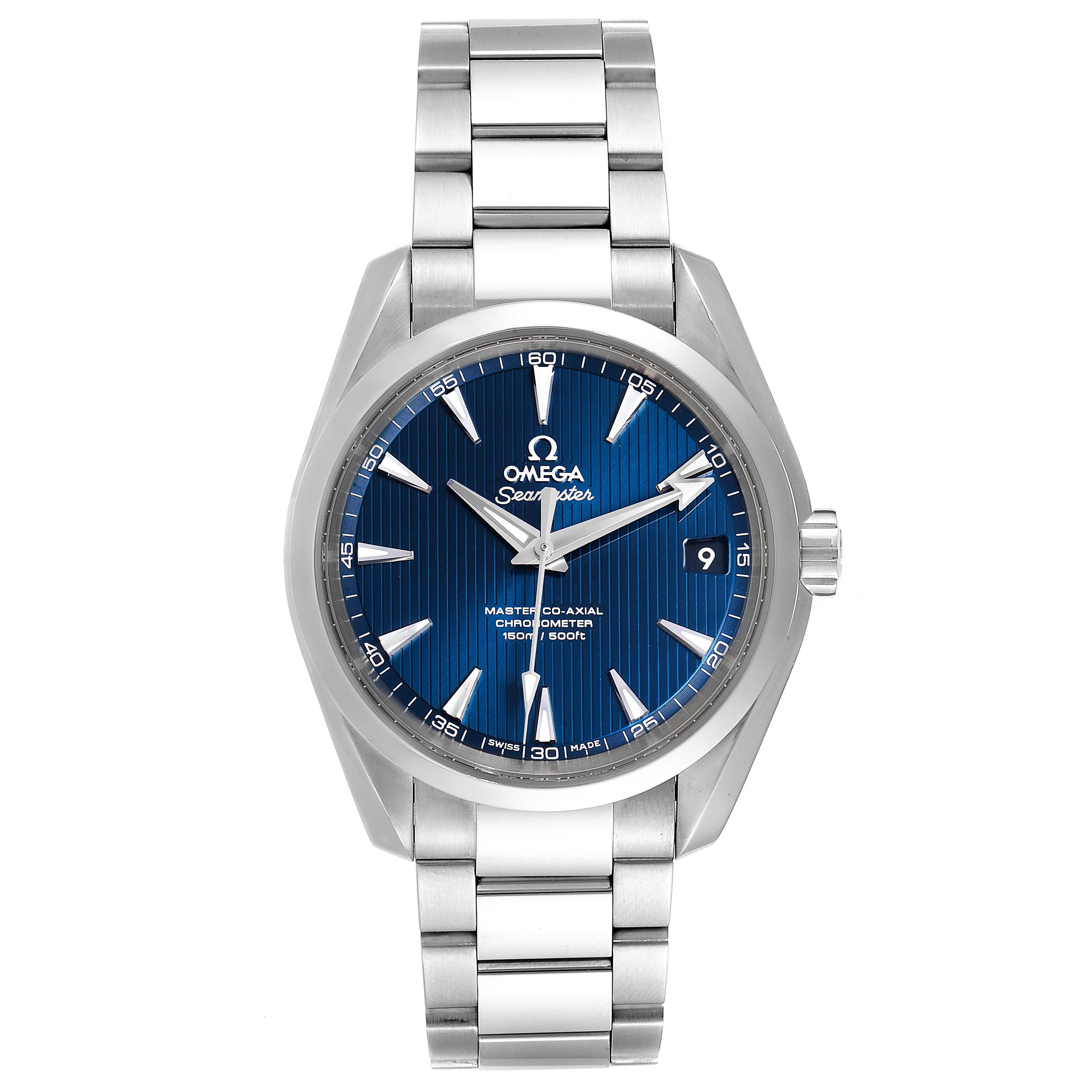 Omega Seamaster Aqua Terra Blue Dial Watch 231.10.39.21.03.002 Box Card. Automatic self-winding movement. Stainless steel round case 38.5 mm in diameter. Transparent case back. Stainless steel smooth bezel. Scratch resistant sapphire crystal. Blue
