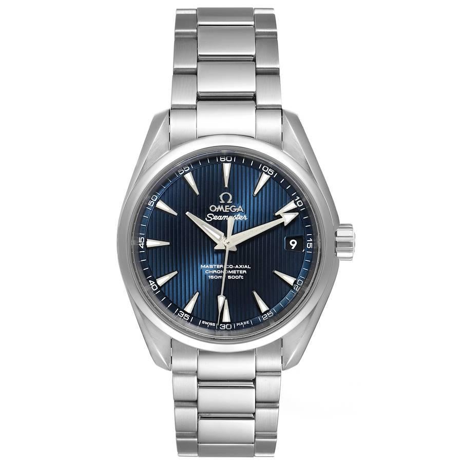 Omega Seamaster Aqua Terra Blue Dial Watch 231.10.39.21.03.002 Box Card. Automatic self-winding movement. Stainless steel round case 38.5 mm in diameter. Transparent exhibition sapphire crystal case back. Stainless steel smooth bezel. Scratch