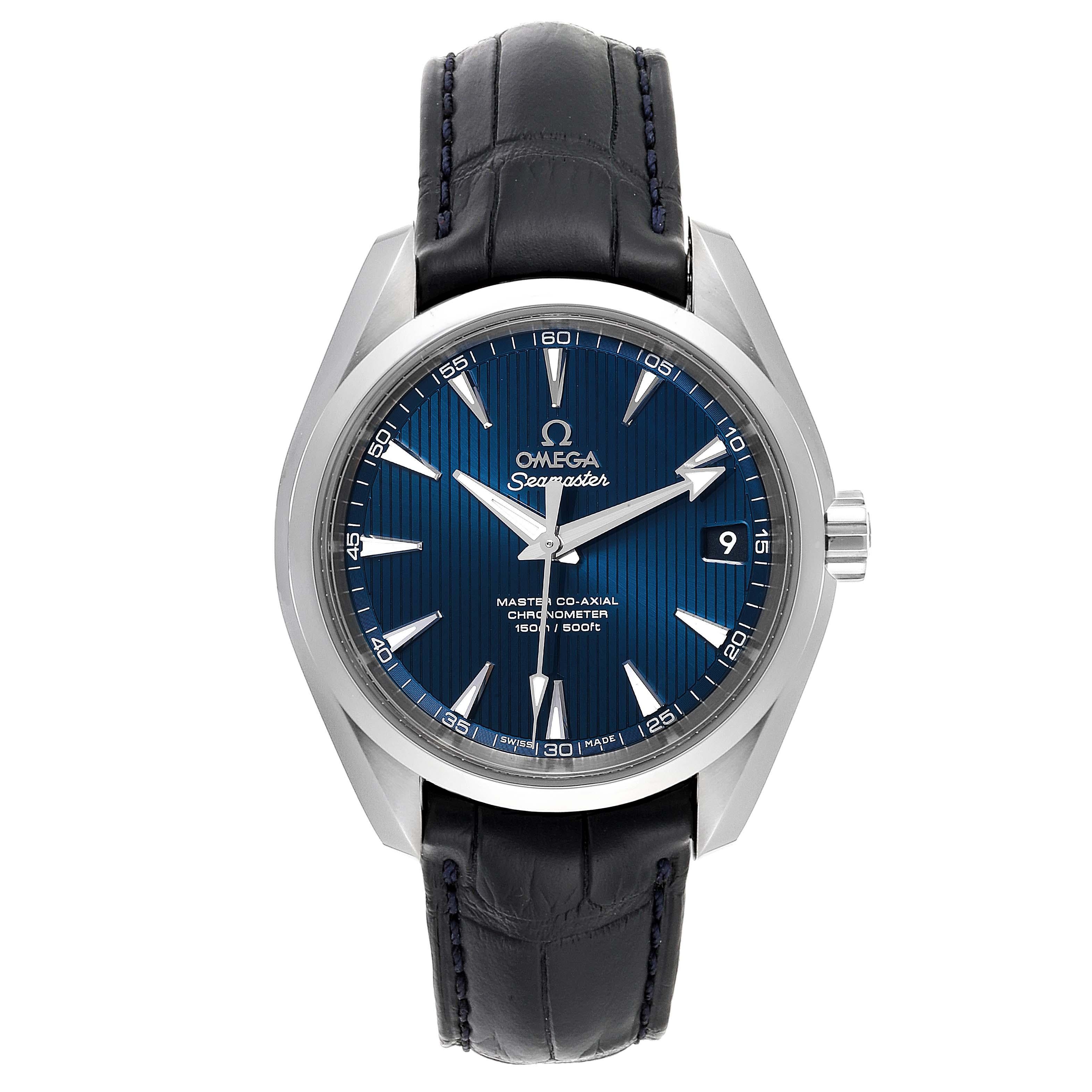 Omega Seamaster Aqua Terra Blue Dial Watch 231.13.39.21.03.001 Box Card. Automatic self-winding movement. Stainless steel round case 38.5 mm in diameter. Transparent exhibition sapphire crystal case back. Stainless steel bezel. Scratch resistant