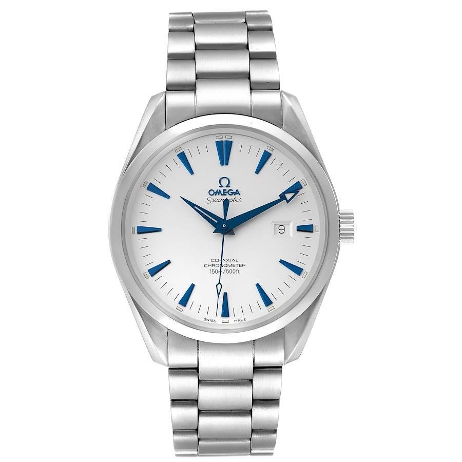 Omega Seamaster Aqua Terra Blue Hands Steel Mens Watch 2502.33.00. Automatic self-winding movement. Stainless steel round case 42.2 mm in diameter. Transparent exhibition sapphire crystal case back. Stainless steel smooth bezel. Scratch resistant