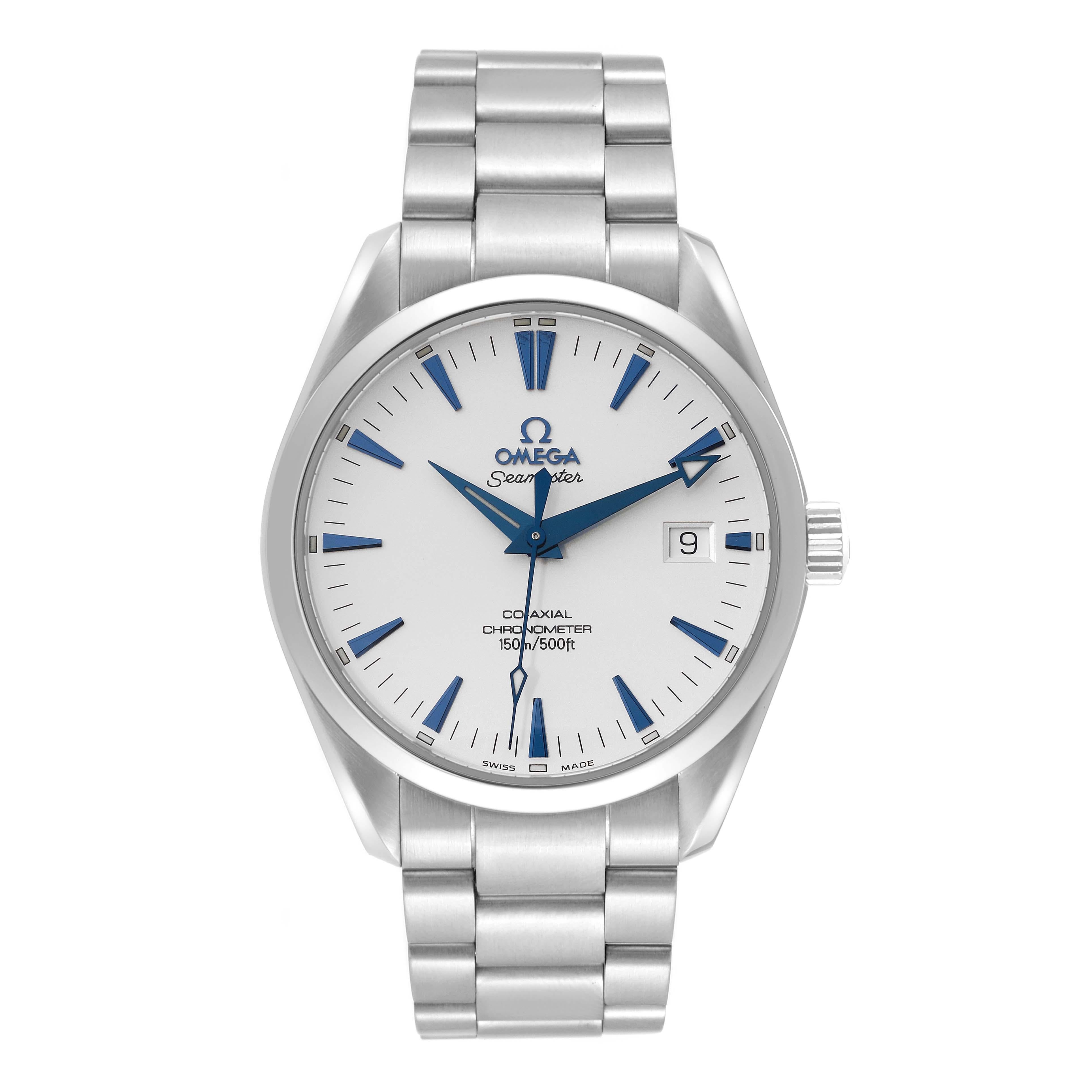 Omega Seamaster Aqua Terra Blue Hands Steel Mens Watch 2502.33.00. Automatic self-winding movement. Stainless steel round case 42.2 mm in diameter. Transparent exhibition sapphire crystal caseback. Stainless steel smooth bezel. Scratch resistant