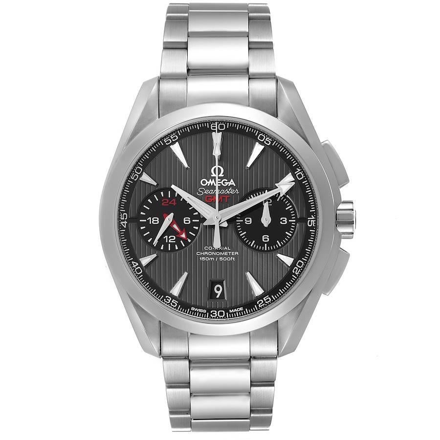 Omega Seamaster Aqua Terra Chronograph GMT Watch 231.10.43.52.06.001 Box Card. Automatic self-winding chronograph movement. Stainless steel round case 43.0 mm in diameter. Exhibition sapphire case back. Stainless steel bezel. Scratch resistant