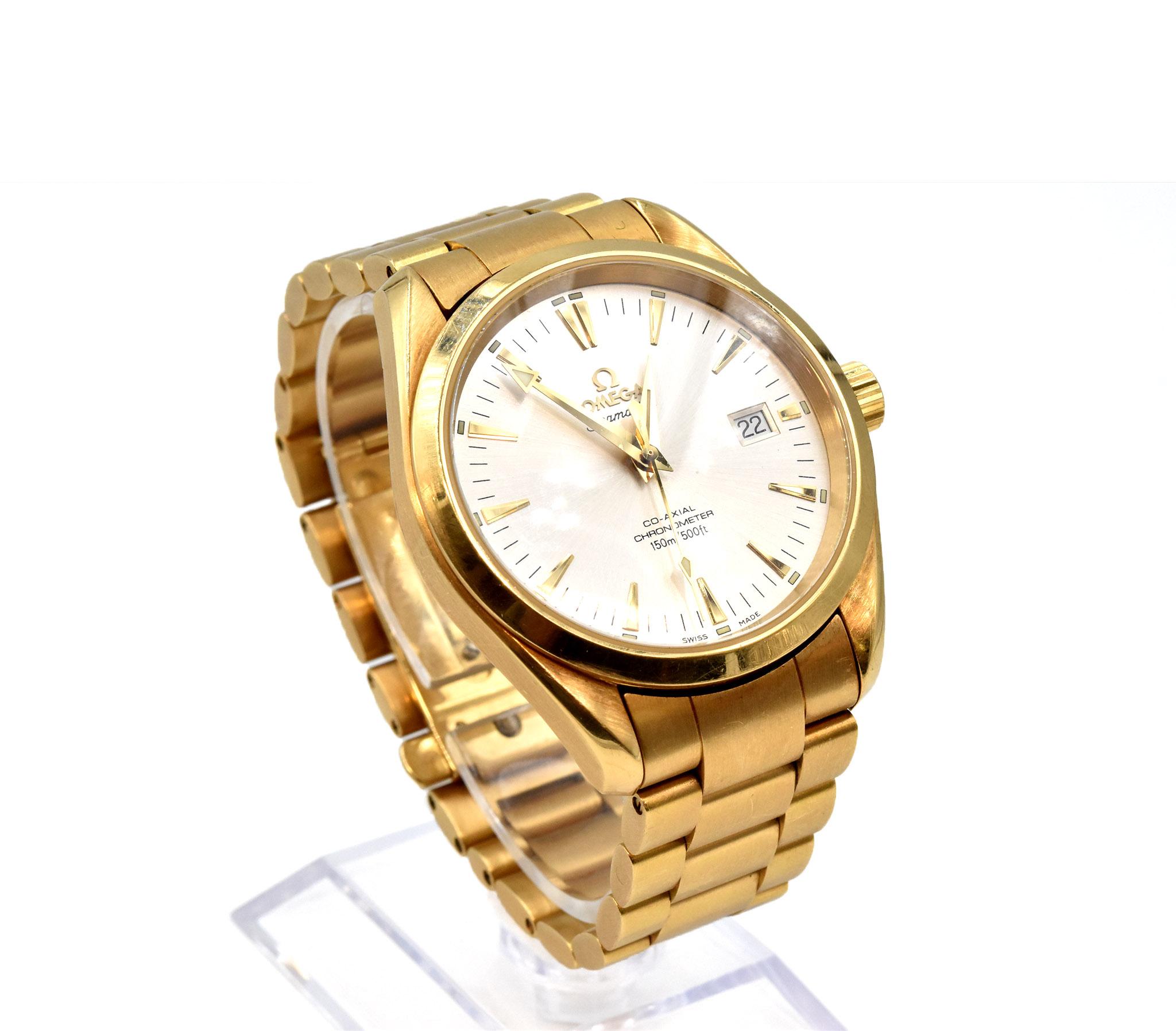 Movement: automatic
Function: hours, minutes, sub-seconds
Case: 42mm 18k yellow gold case, sapphire protective crystal, screw-down crown, water resistant to 150 meters
Band: 18k yellow gold bracelet with folding clasp, bracelet fit for 7 1/2-inch