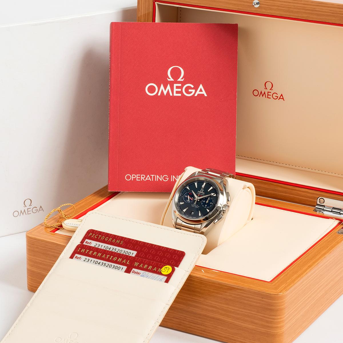Our Omega Seamaster Aqua Terra GMT Chronograph reference 231.10.43.52.03.001 features a 43mm stainless steel case, stainless steel bracelet, blue dial (teak effect, to evoke luxury yacht decks), and has chronograph, date and GMT functions. Presented