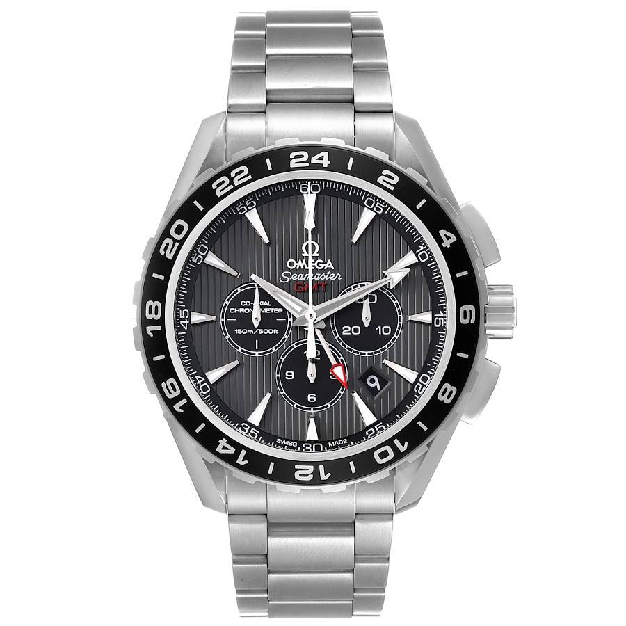 Omega Seamaster Aqua Terra GMT Chronograph Watch 231.10.44.52.06.001 Box Card. Automatic self-winding chronograph movement with column wheel mechanism, free-sprung balance and Co-Axial Escapement for greater precision and durability. Rhodium plated