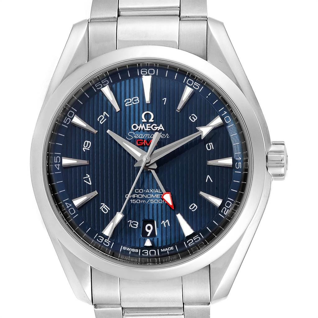 Omega Seamaster Aqua Terra GMT Co-Axial Watch 231.10.43.22.03.001. Automatic self-winding movement with Co-Axial Escapement for greater precision. GMT with time zone function. Silicon balance-spring on free sprung-balance, 2 barrels mounted in