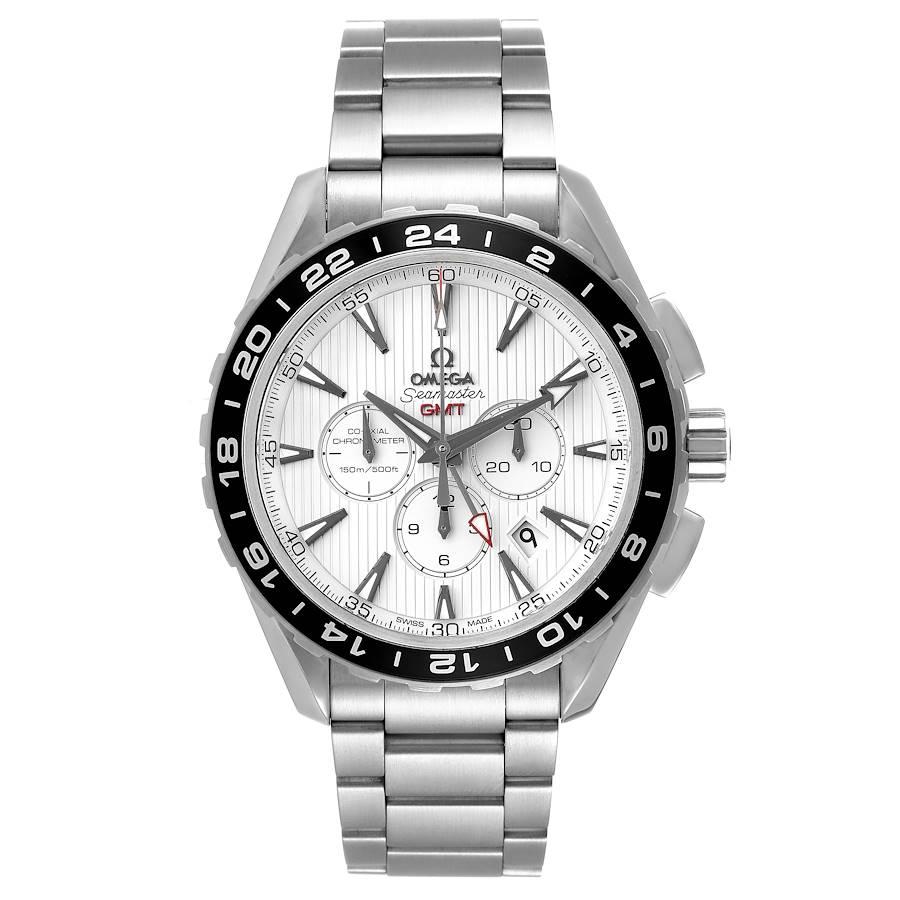 Omega Seamaster Aqua Terra GMT Mens Watch 231.10.44.52.04.001 Box Card. Automatic self-winding movement. Stainless steel round case 44 mm in diameter. Transparent case back. Bi-directional rotating black ion-plated bezel with 24 hour markings.