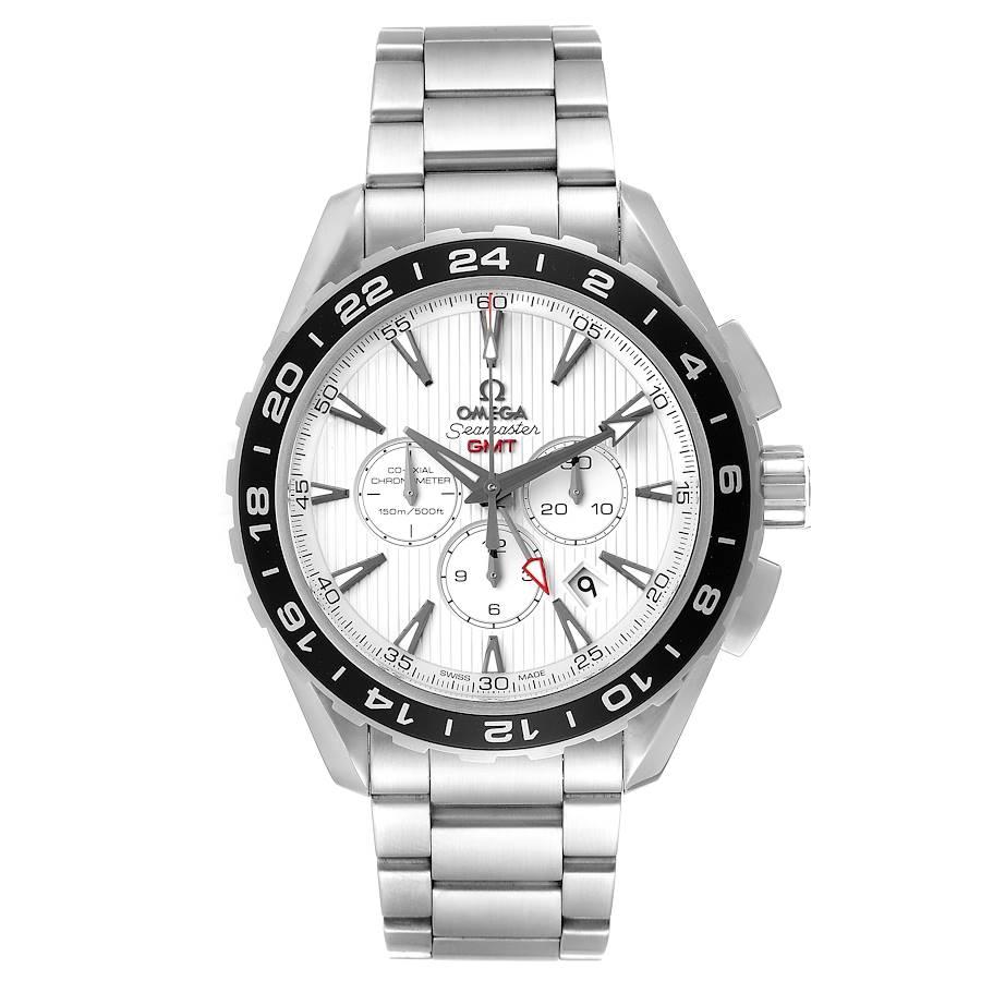 Omega Seamaster Aqua Terra GMT Mens Watch 231.10.44.52.04.001. Automatic self-winding movement. Stainless steel round case 44 mm in diameter. Transparent case back. Bi-directional rotating black ion-plated bezel with 24 hour markings. Scratch