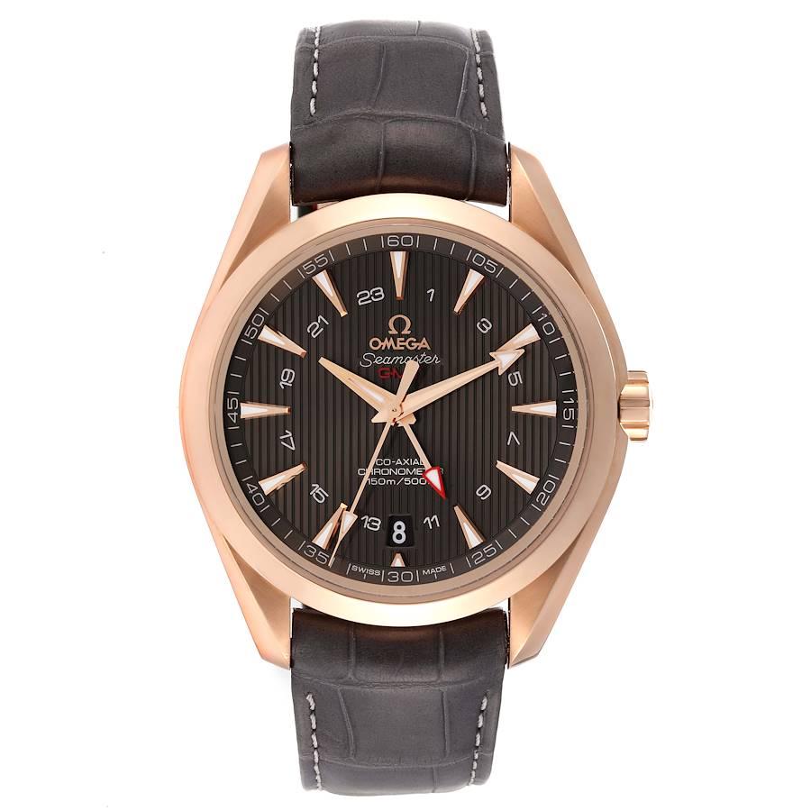 Omega Seamaster Aqua Terra GMT Rose Gold Watch 231.53.43.22.06.002 Box Card. Automatic self-winding movement with Co-Axial Escapement for greater precision. GMT with time zone function. Silicon balance-spring on free sprung-balance, 2 barrels