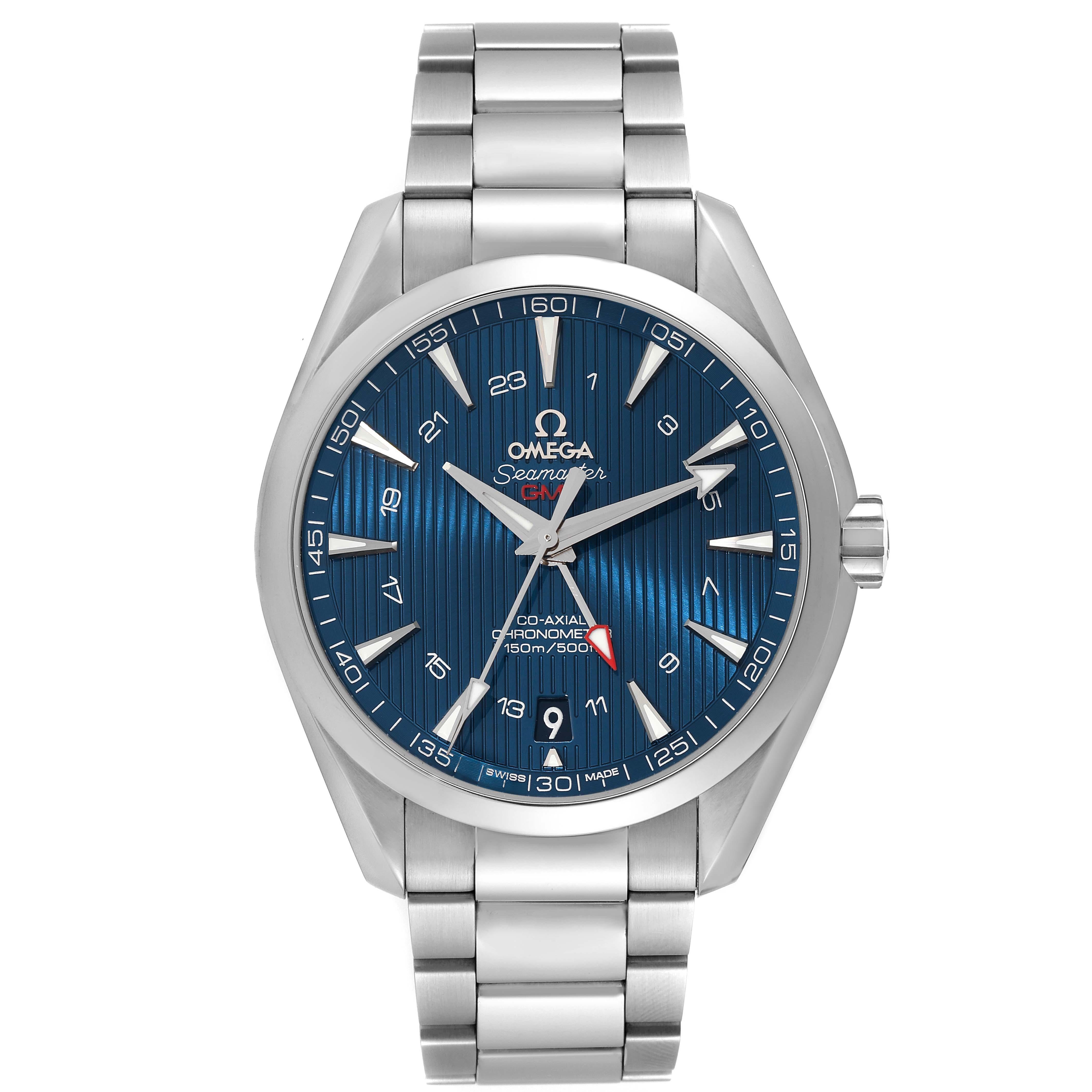 Omega Seamaster Aqua Terra GMT Steel Mens Watch 231.10.43.22.03.001 Box Card. Automatic self-winding movement with Co-Axial Escapement for greater precision. GMT with time zone function. Silicon balance-spring on free sprung-balance, 2 barrels