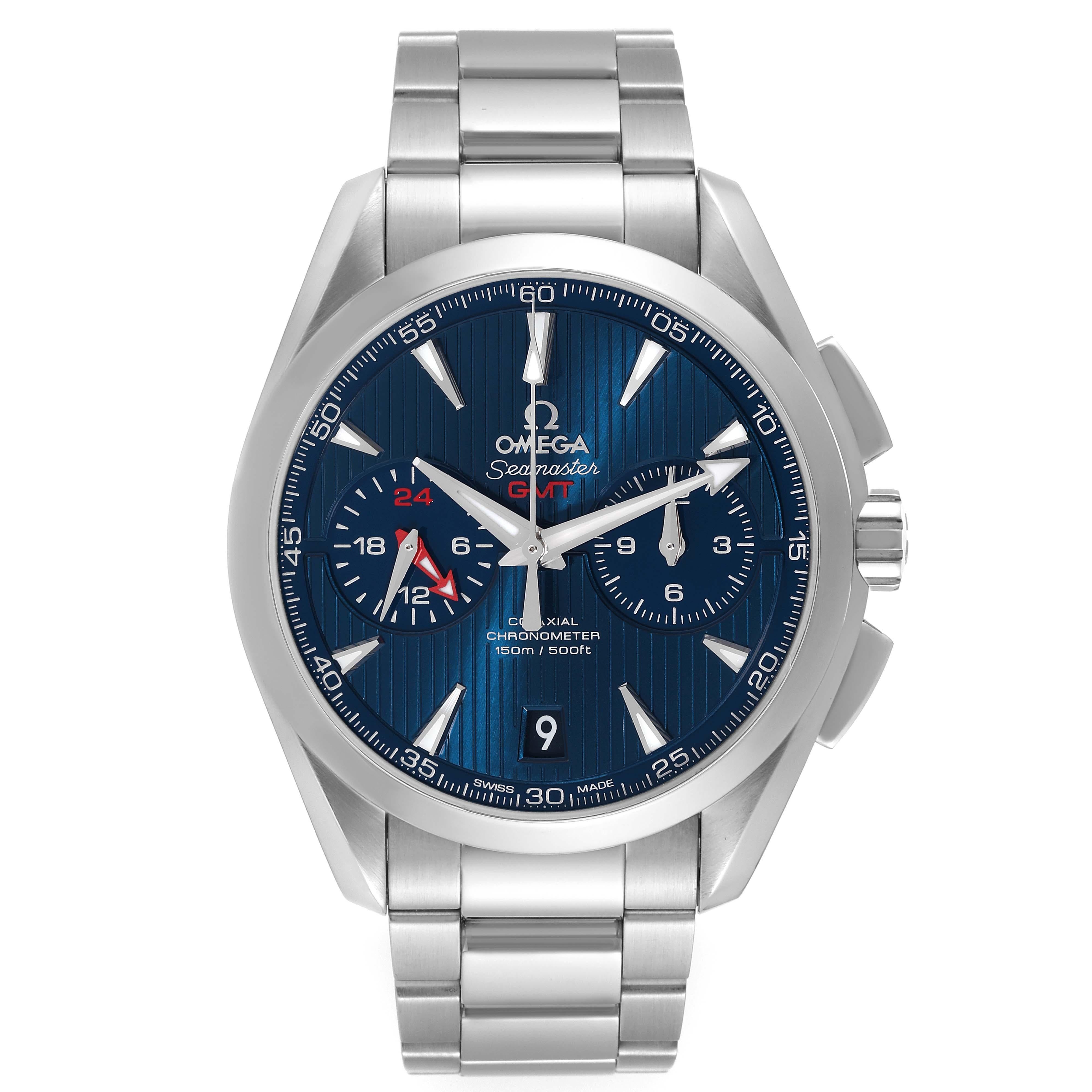 Omega Seamaster Aqua Terra GMT Stahl Herrenuhr 231.10.43.52.03.001. Automatisches Chronographenwerk mit Automatikaufzug und GMT-Funktion. Rundes Edelstahlgehäuse mit einem Durchmesser von 43.0 mm. Gehäuseboden aus transparentem Saphirglas. Glatte