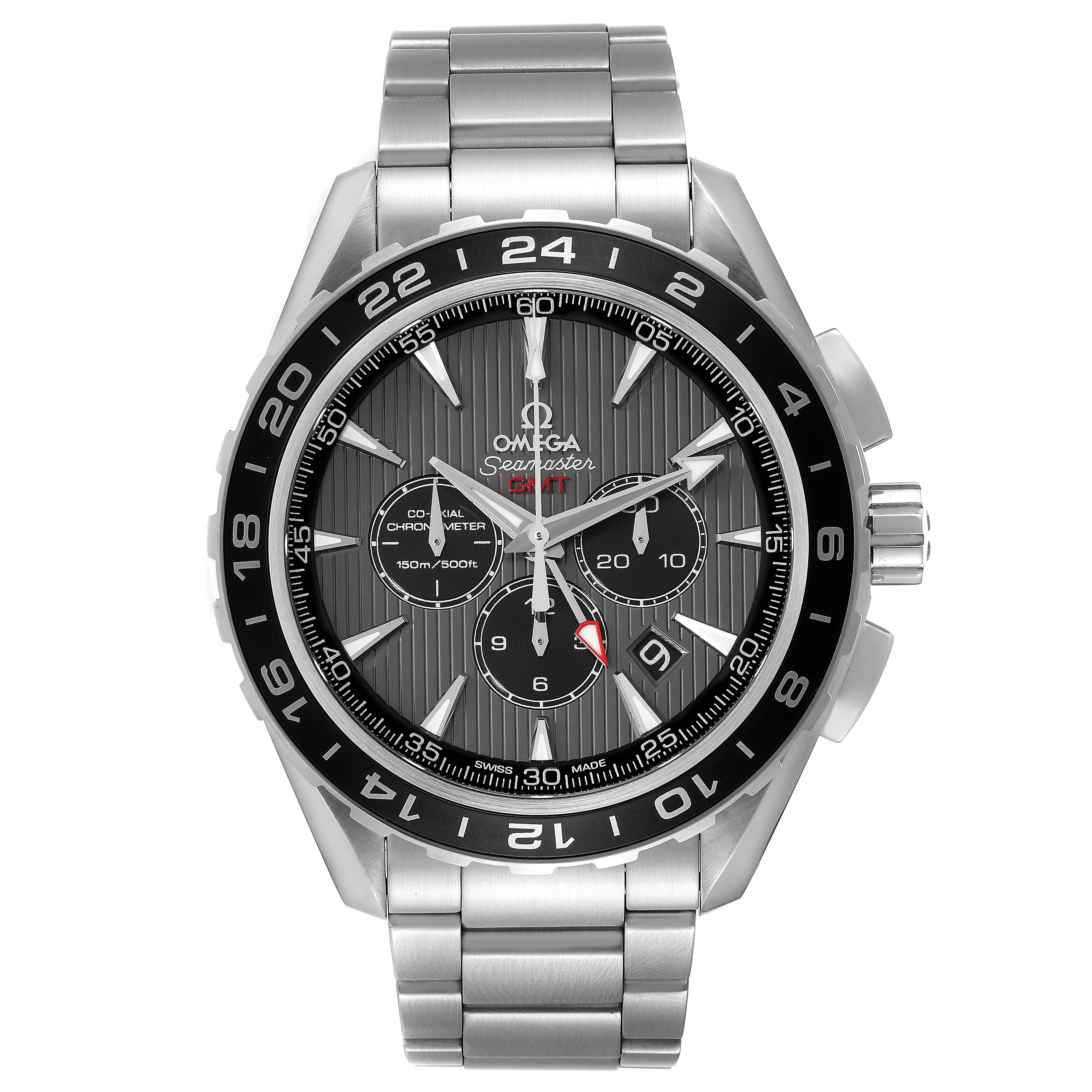 Omega Seamaster Aqua Terra GMT Acciaio Orologio Uomo 231.10.44.52.06.001 Scheda Scatola. Movimento cronografo automatico a carica automatica con meccanismo a ruota a colonne, bilanciere a spirale libera e scappamento Co-Axial per una maggiore