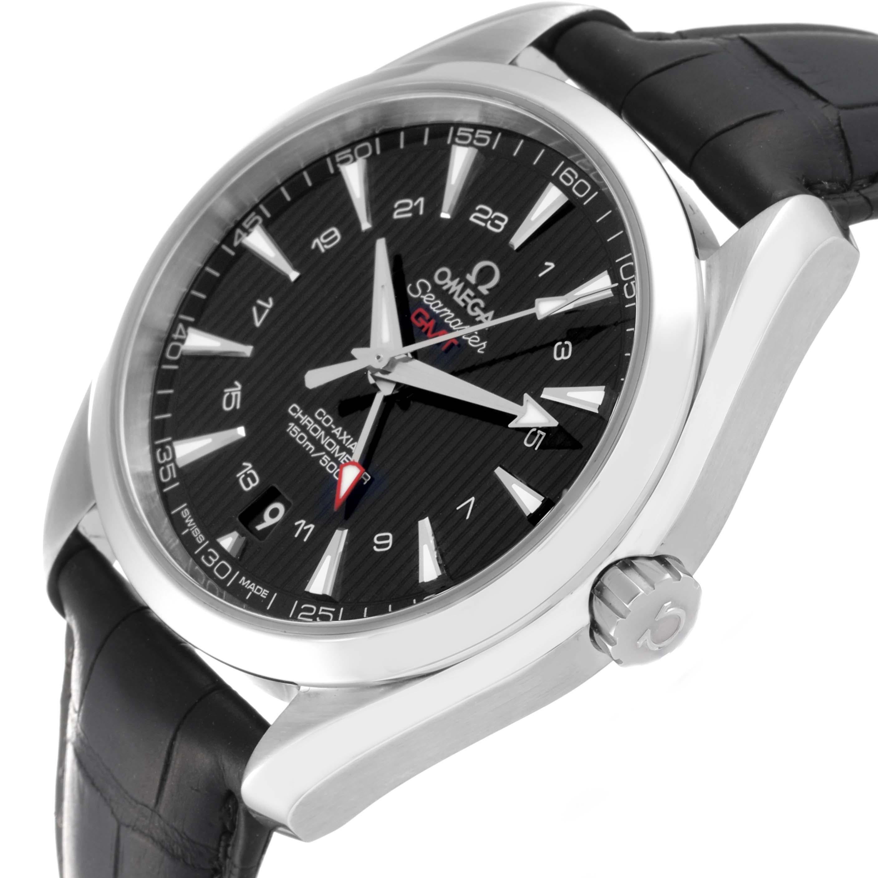 Omega Seamaster Aqua Terra GMT Steel Mens Watch 231.13.43.22.01.001 Box Card. Automatic self-winding movement with Co-Axial Escapement for greater precision. GMT with time zone function. Silicon balance-spring on free sprung-balance, 2 barrels